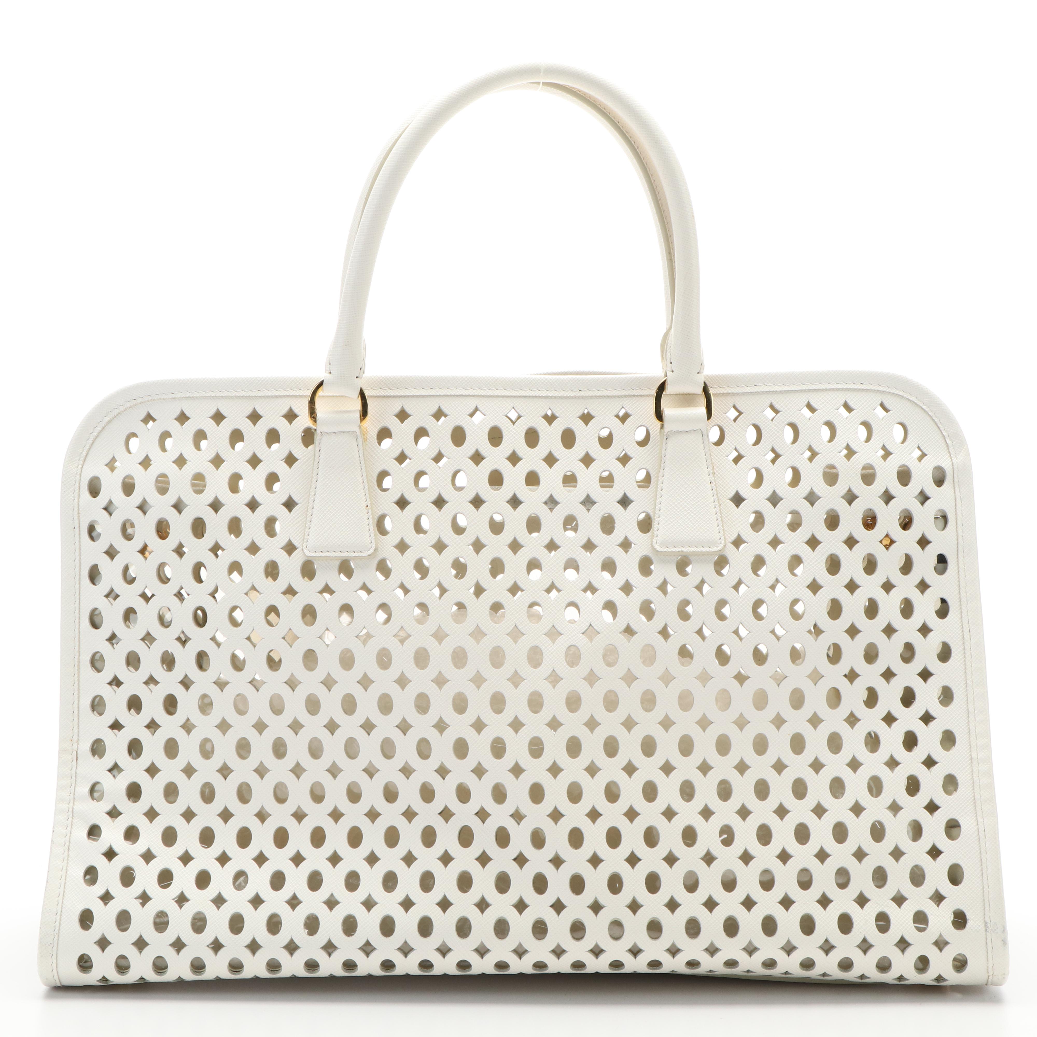 Prada Vernice Perforated Saffiano Leather Top Handle Bag with Model "Duck"