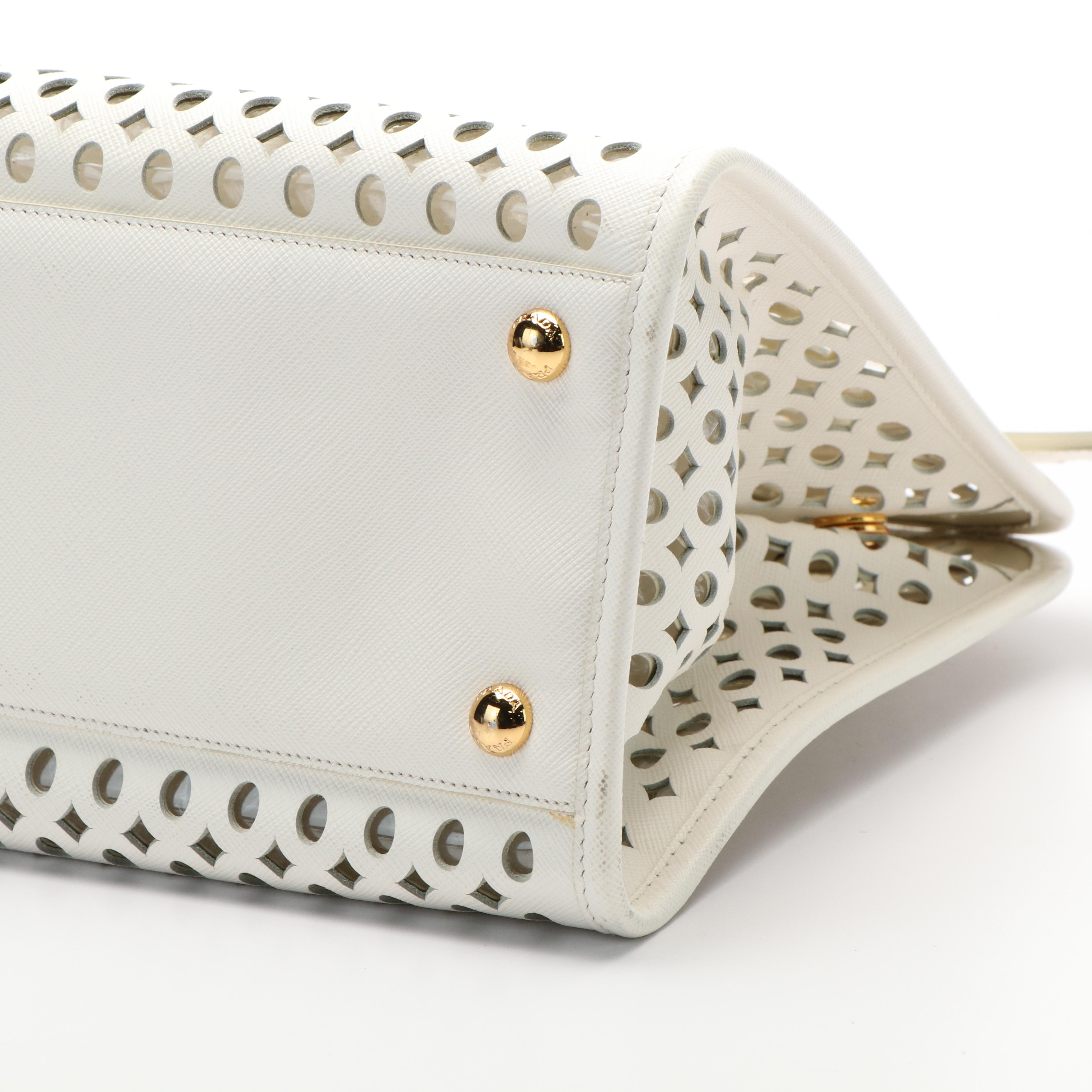 Prada Vernice Perforated Saffiano Leather Top Handle Bag with Model "Duck"