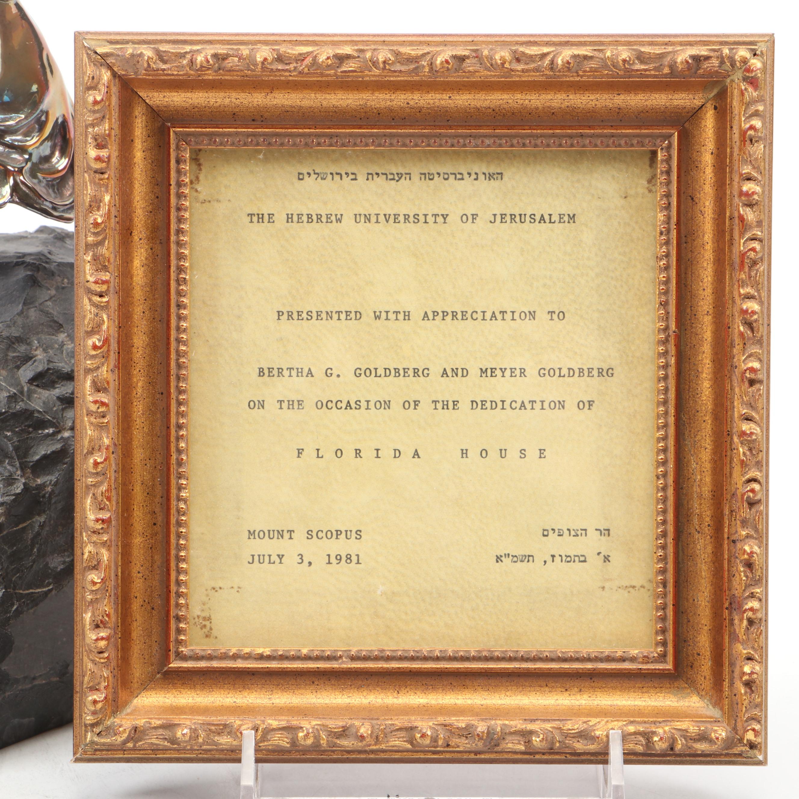 Yaacov Heller "Moses" Sterling Silver on Marble Sculpture with Framed Award