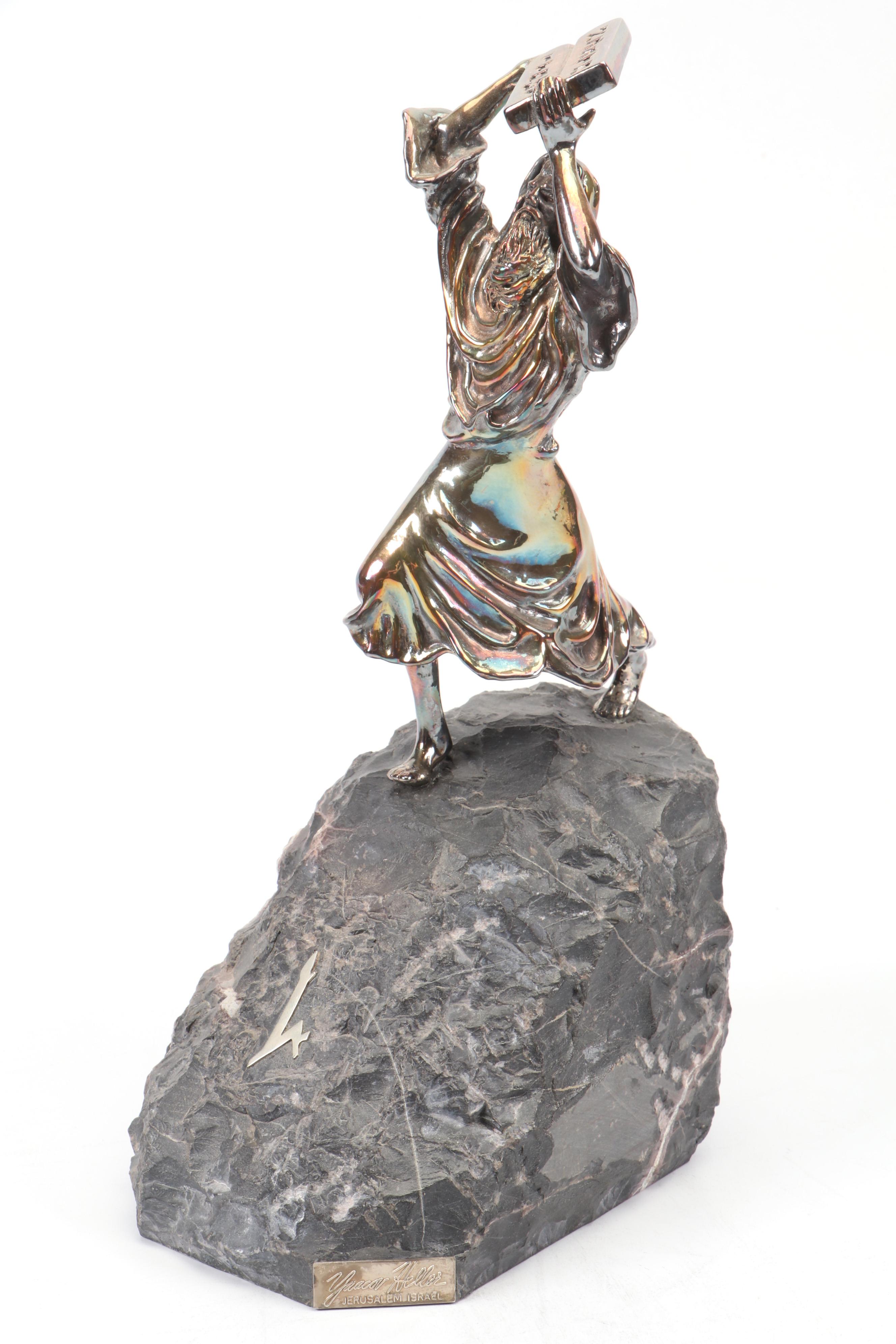Yaacov Heller "Moses" Sterling Silver on Marble Sculpture with Framed Award