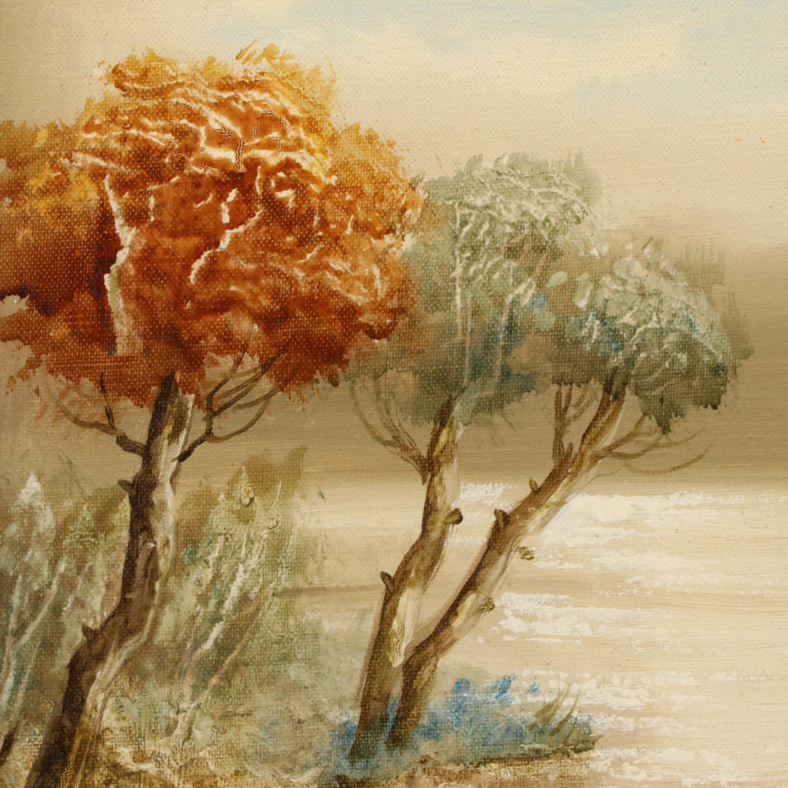 J. Morel Wooded River Landscape Oil Painting, Late 20th Century