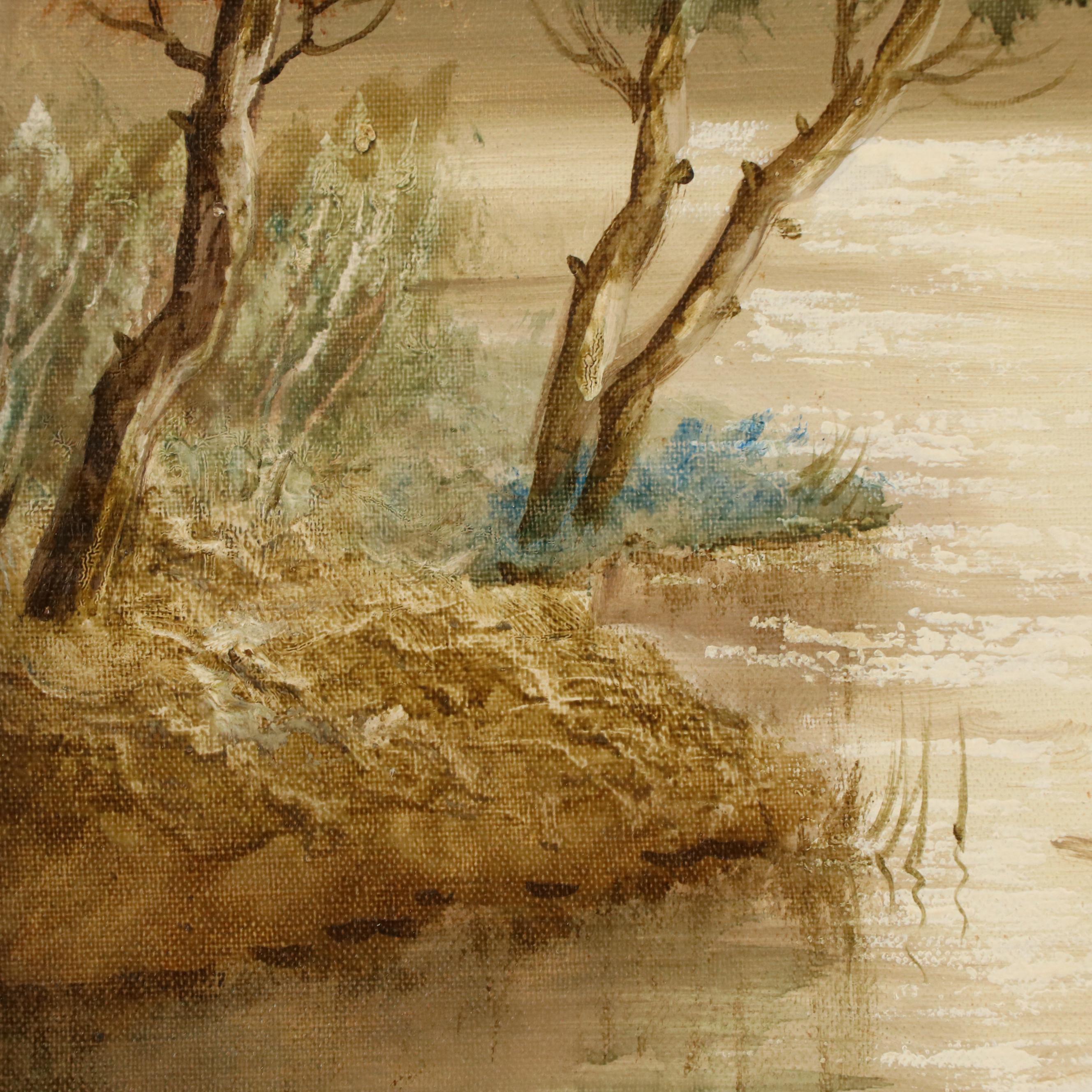 J. Morel Wooded River Landscape Oil Painting, Late 20th Century