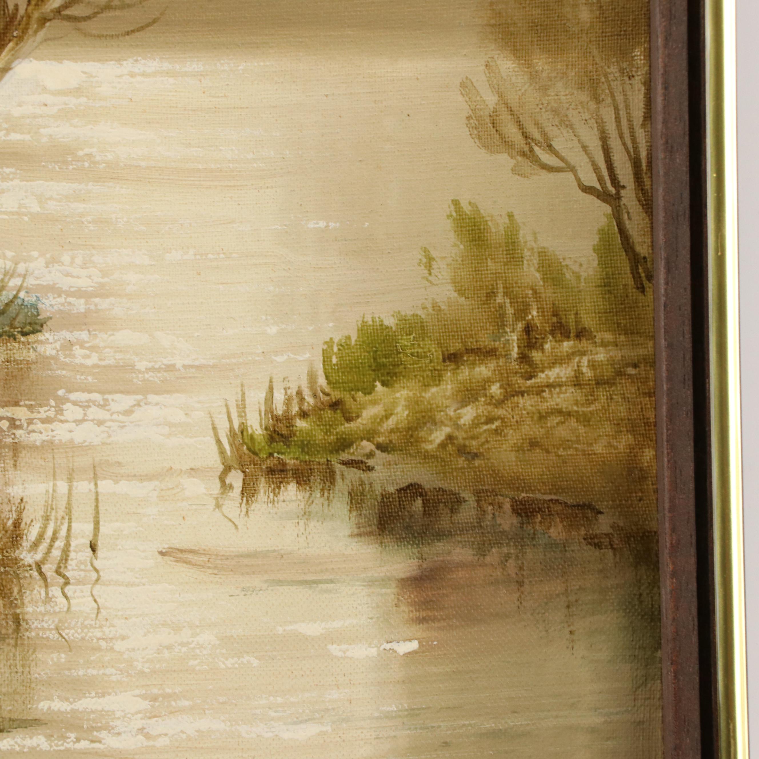 J. Morel Wooded River Landscape Oil Painting, Late 20th Century