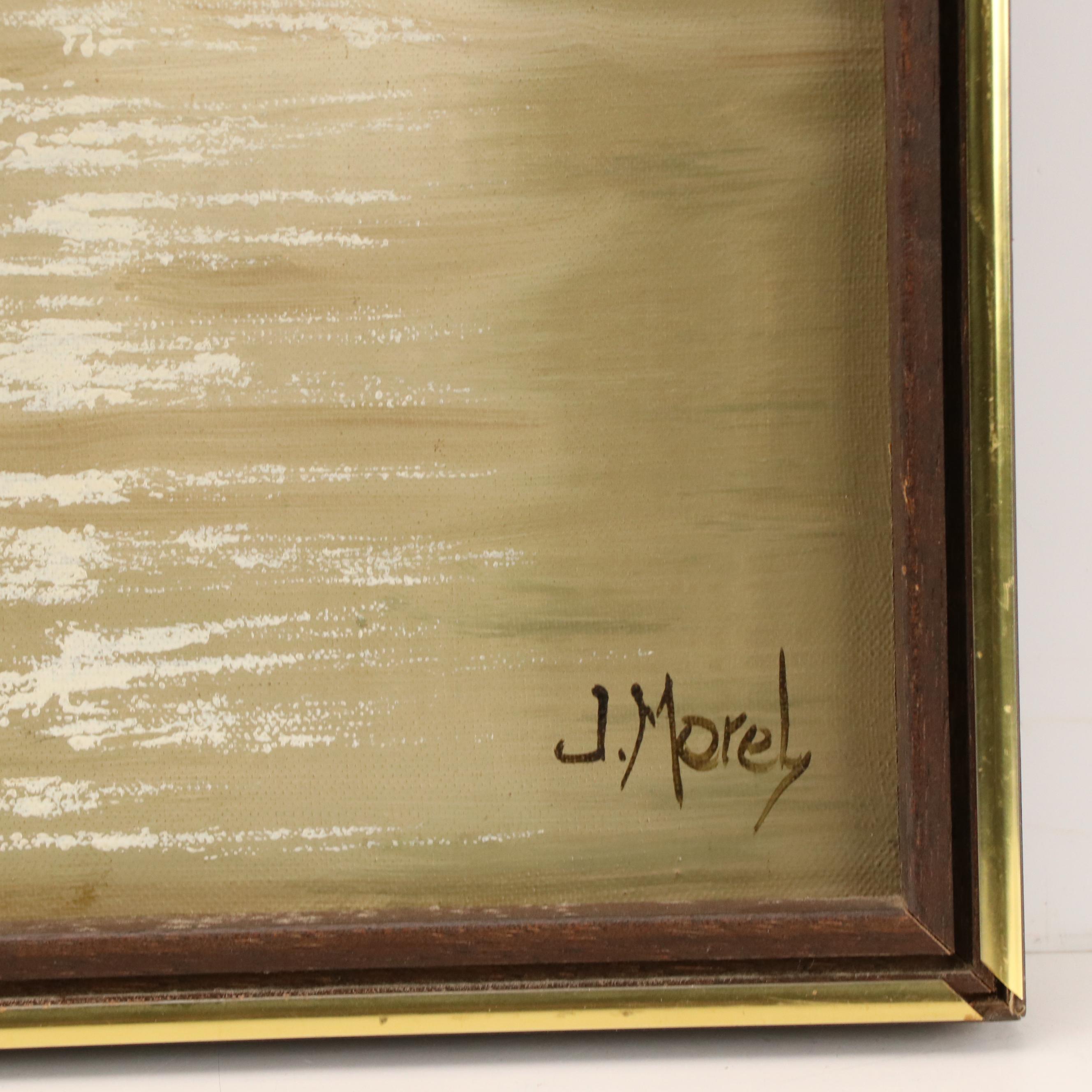 J. Morel Wooded River Landscape Oil Painting, Late 20th Century