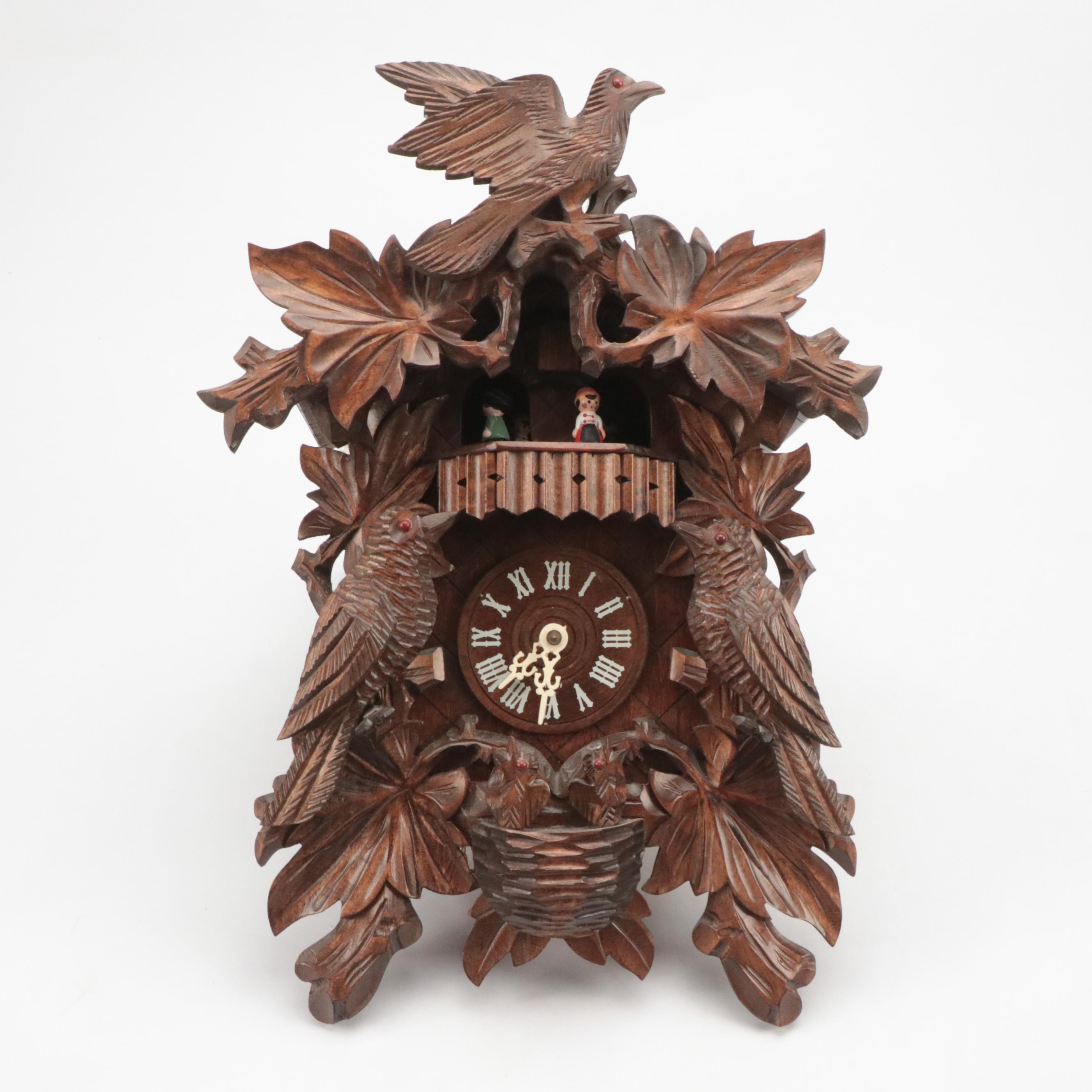 German Black Forest Style Hand-Carved Wood Cuckoo Clock