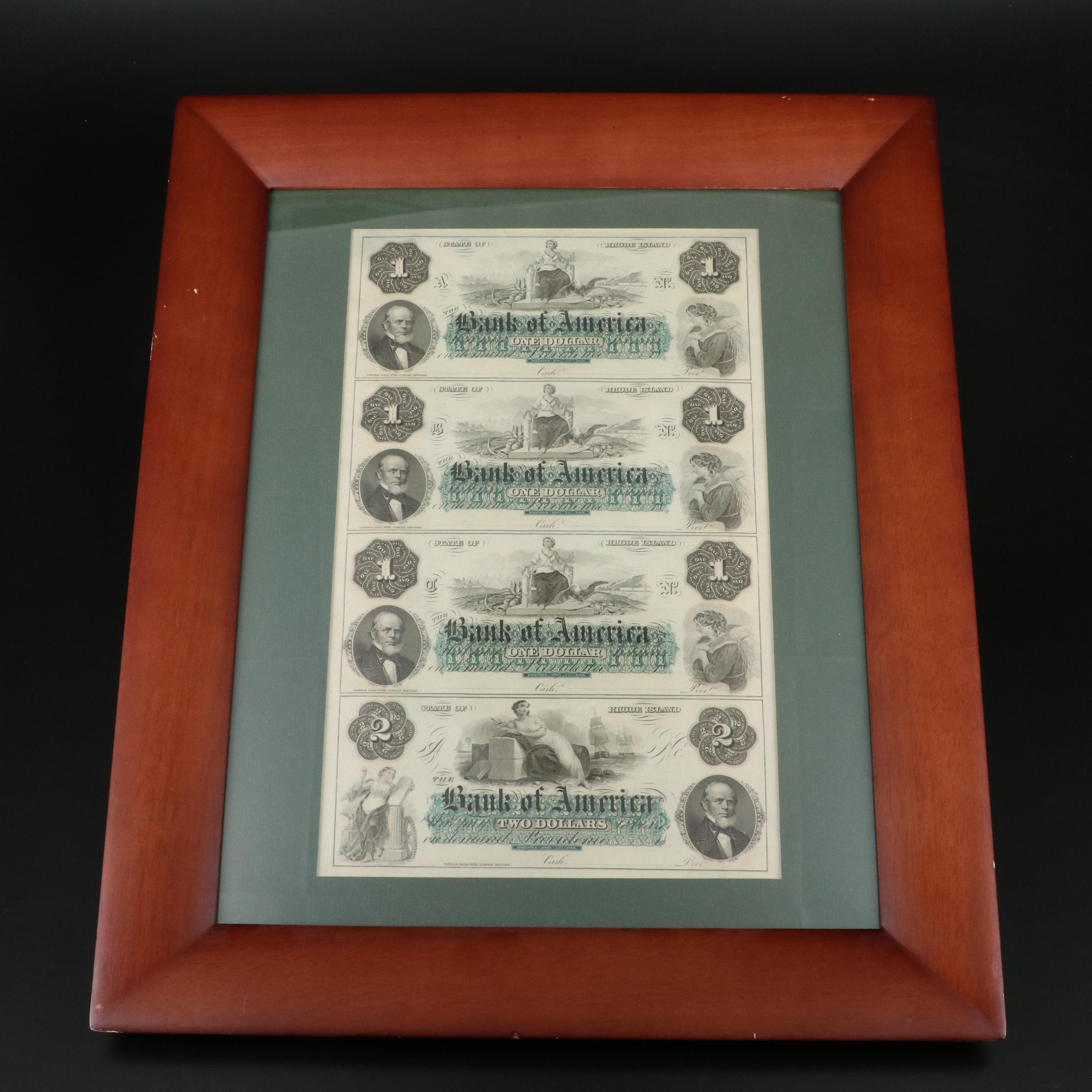 Framed Uncut Sheet of Rhode Island Bank of America Obsolete Currency Notes, 1860