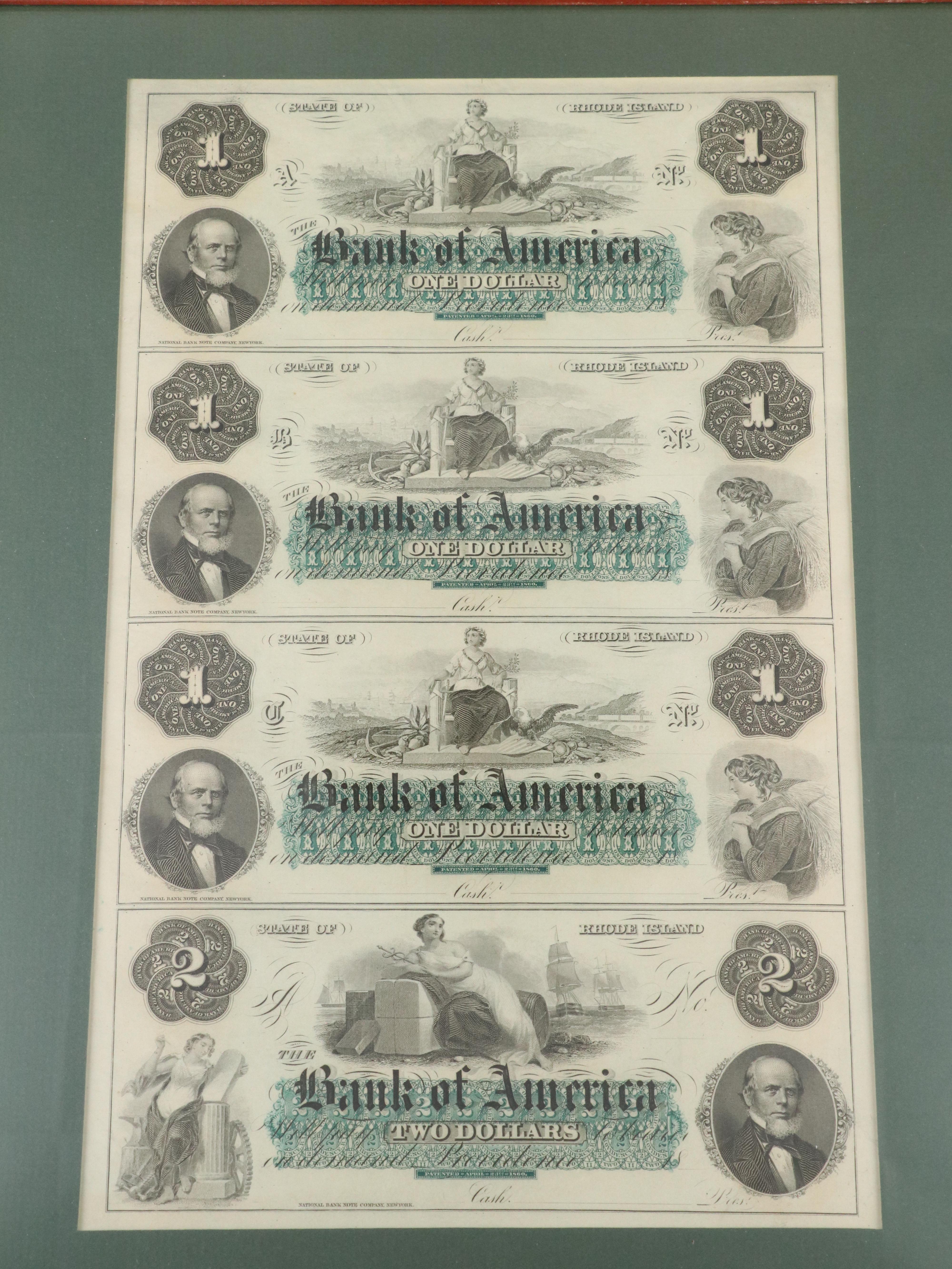 Framed Uncut Sheet of Rhode Island Bank of America Obsolete Currency Notes, 1860