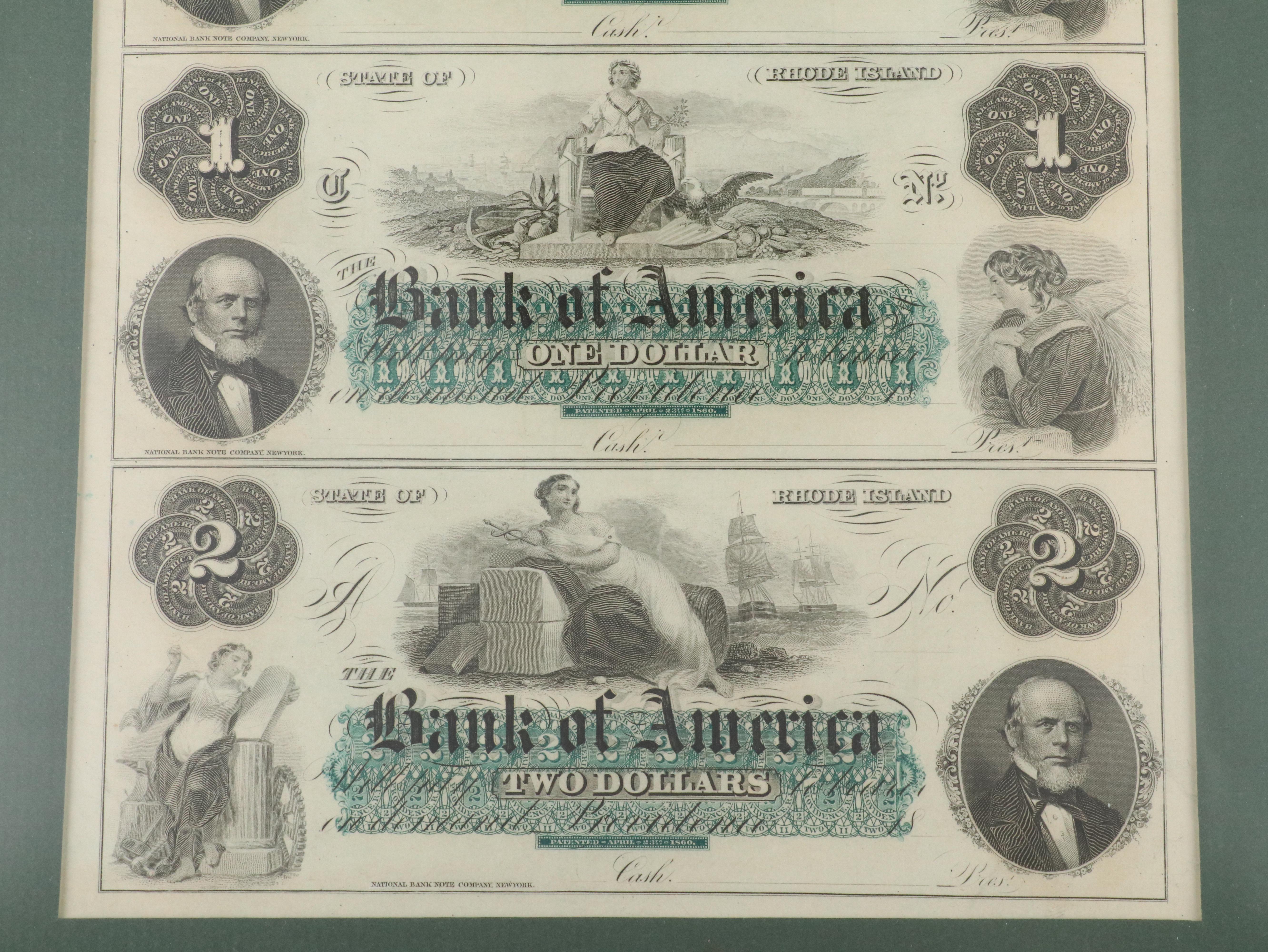 Framed Uncut Sheet of Rhode Island Bank of America Obsolete Currency Notes, 1860