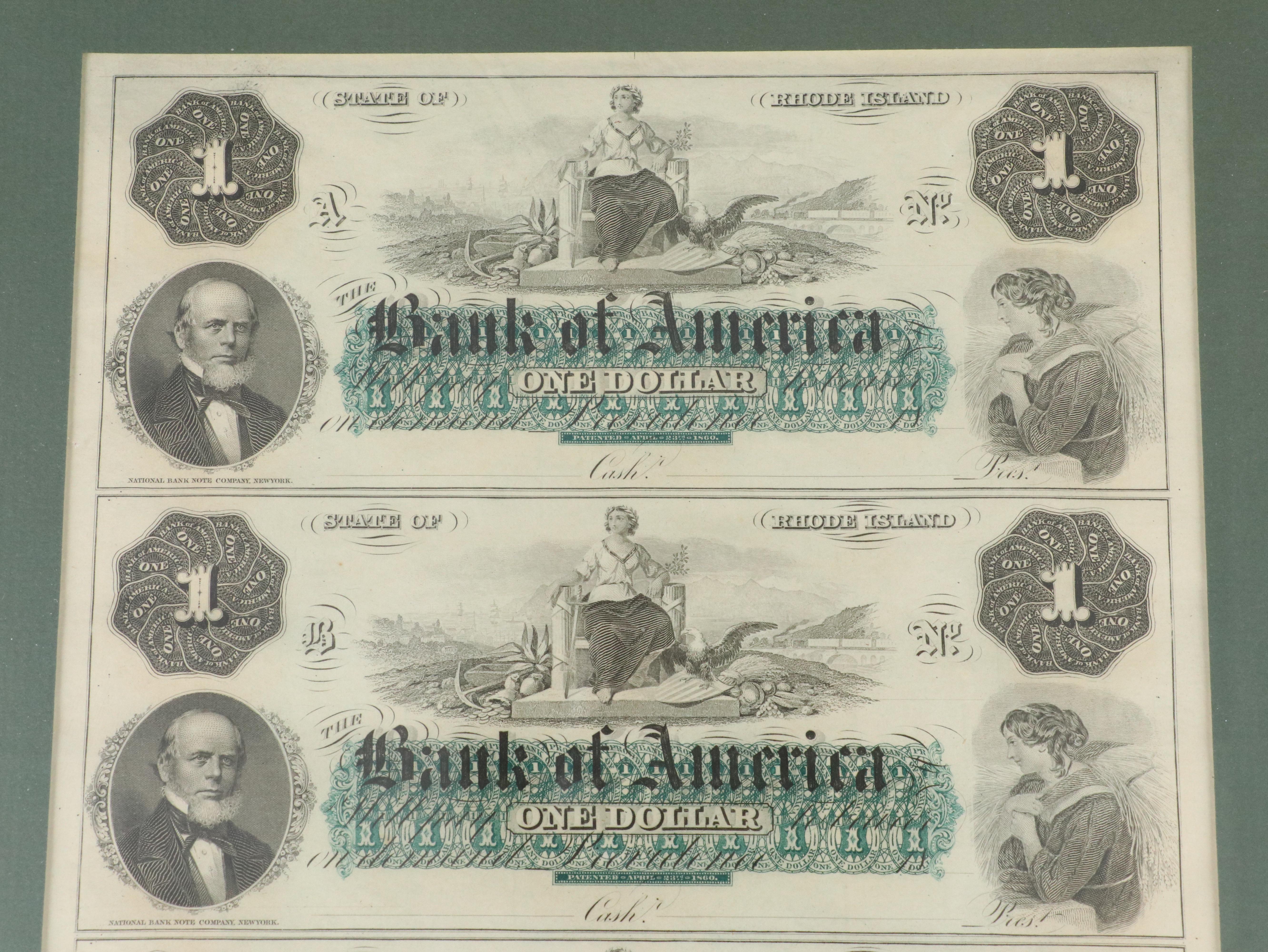 Framed Uncut Sheet of Rhode Island Bank of America Obsolete Currency Notes, 1860