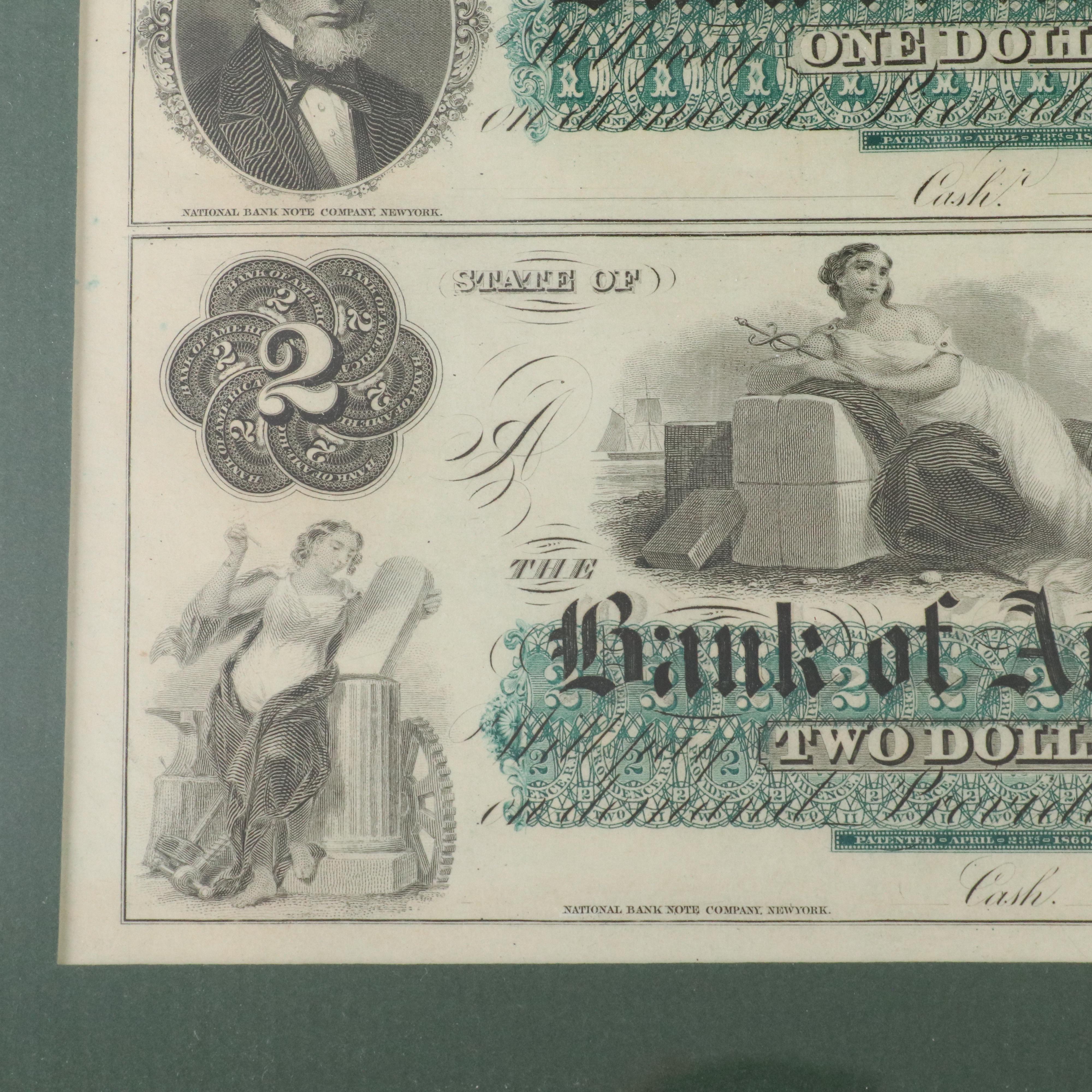 Framed Uncut Sheet of Rhode Island Bank of America Obsolete Currency Notes, 1860