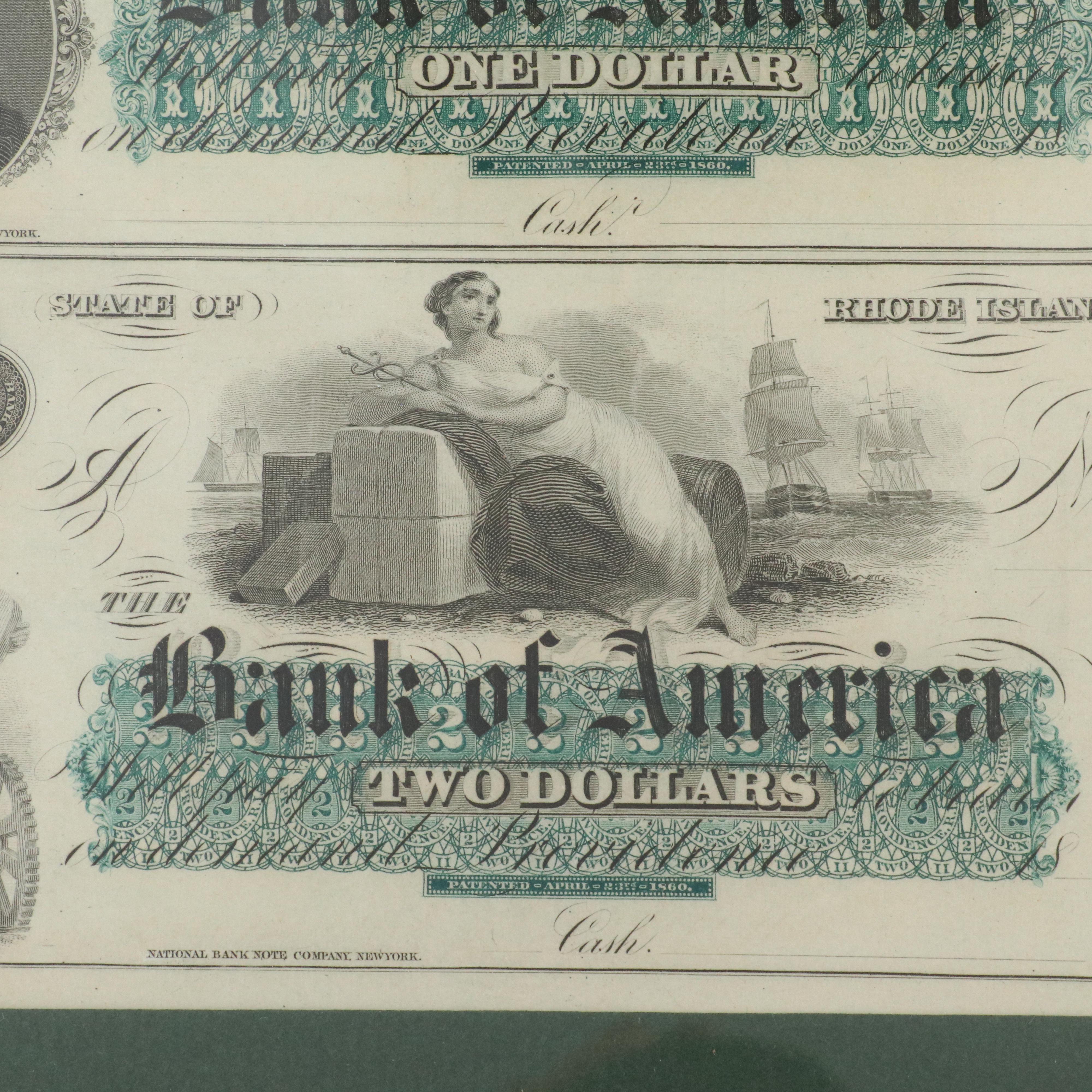 Framed Uncut Sheet of Rhode Island Bank of America Obsolete Currency Notes, 1860