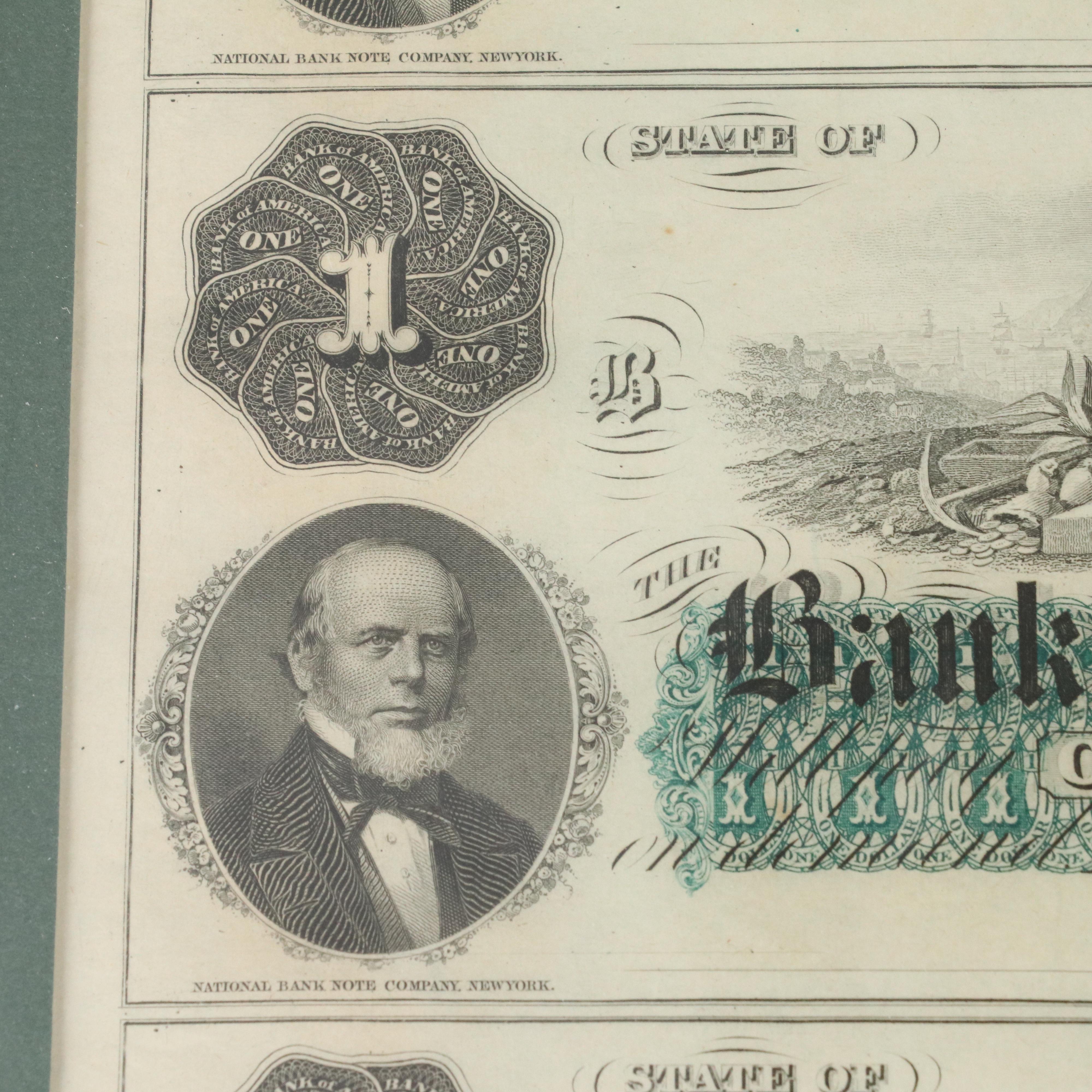 Framed Uncut Sheet of Rhode Island Bank of America Obsolete Currency Notes, 1860