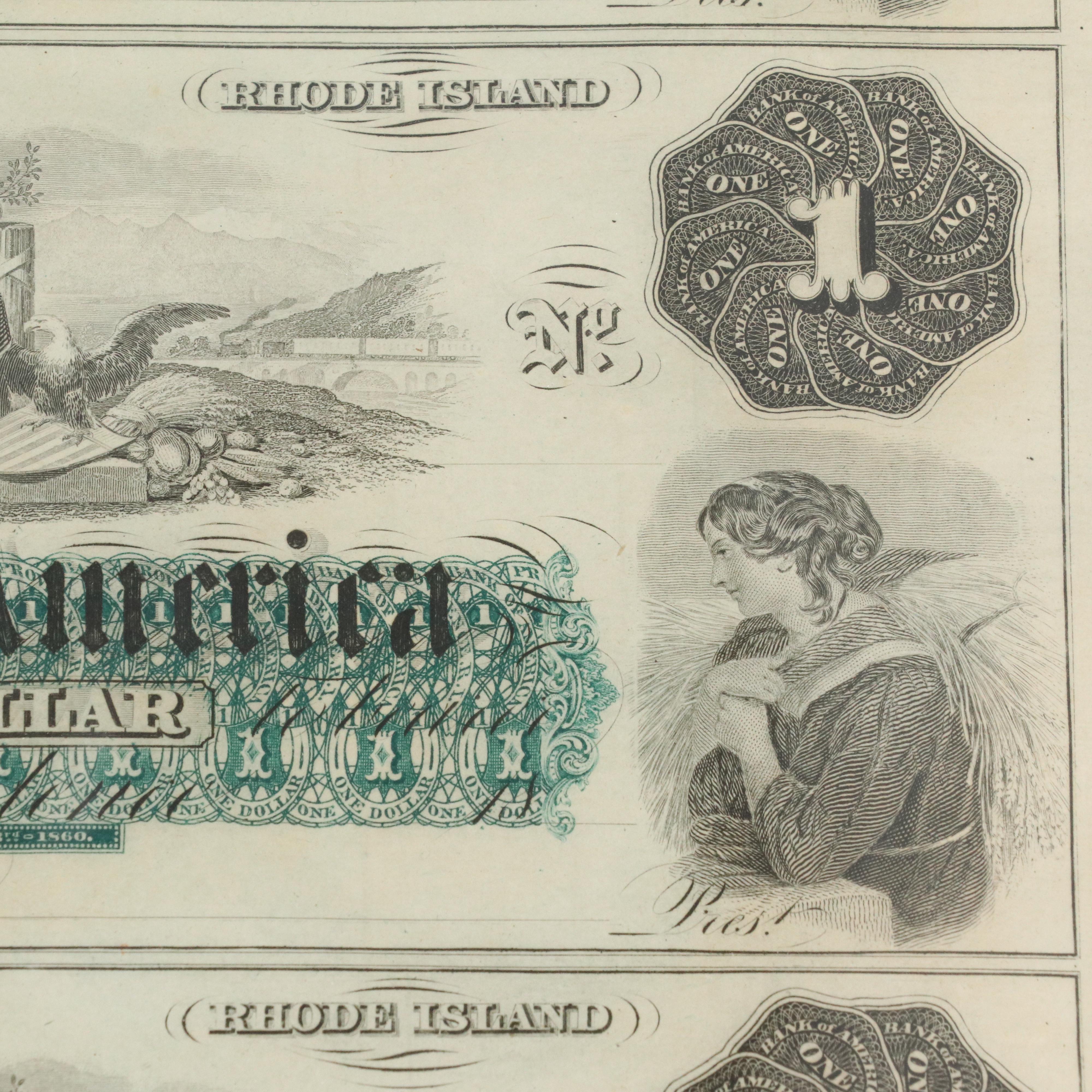 Framed Uncut Sheet of Rhode Island Bank of America Obsolete Currency Notes, 1860