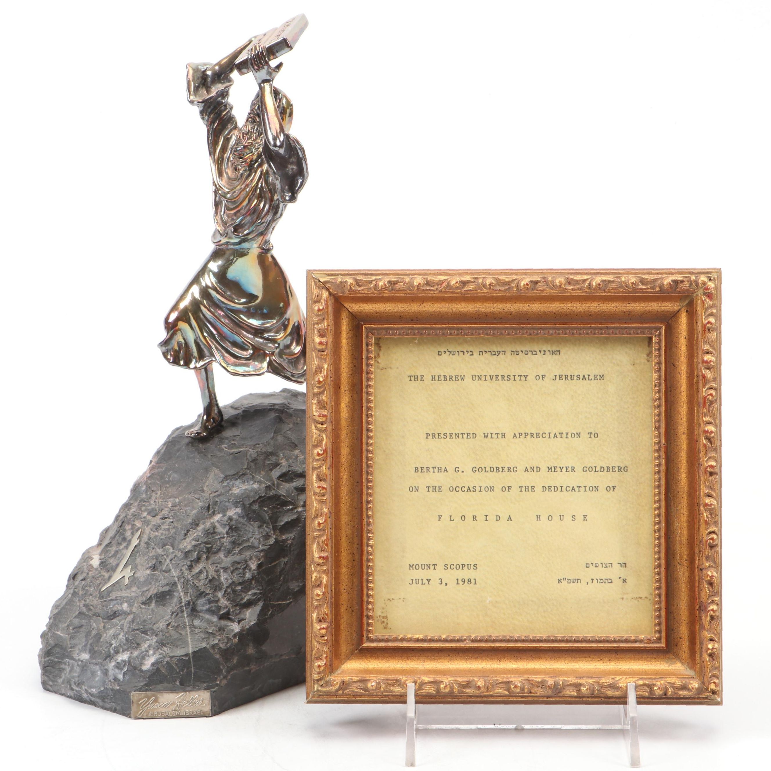 Yaacov Heller "Moses" Sterling Silver on Marble Sculpture with Framed Award