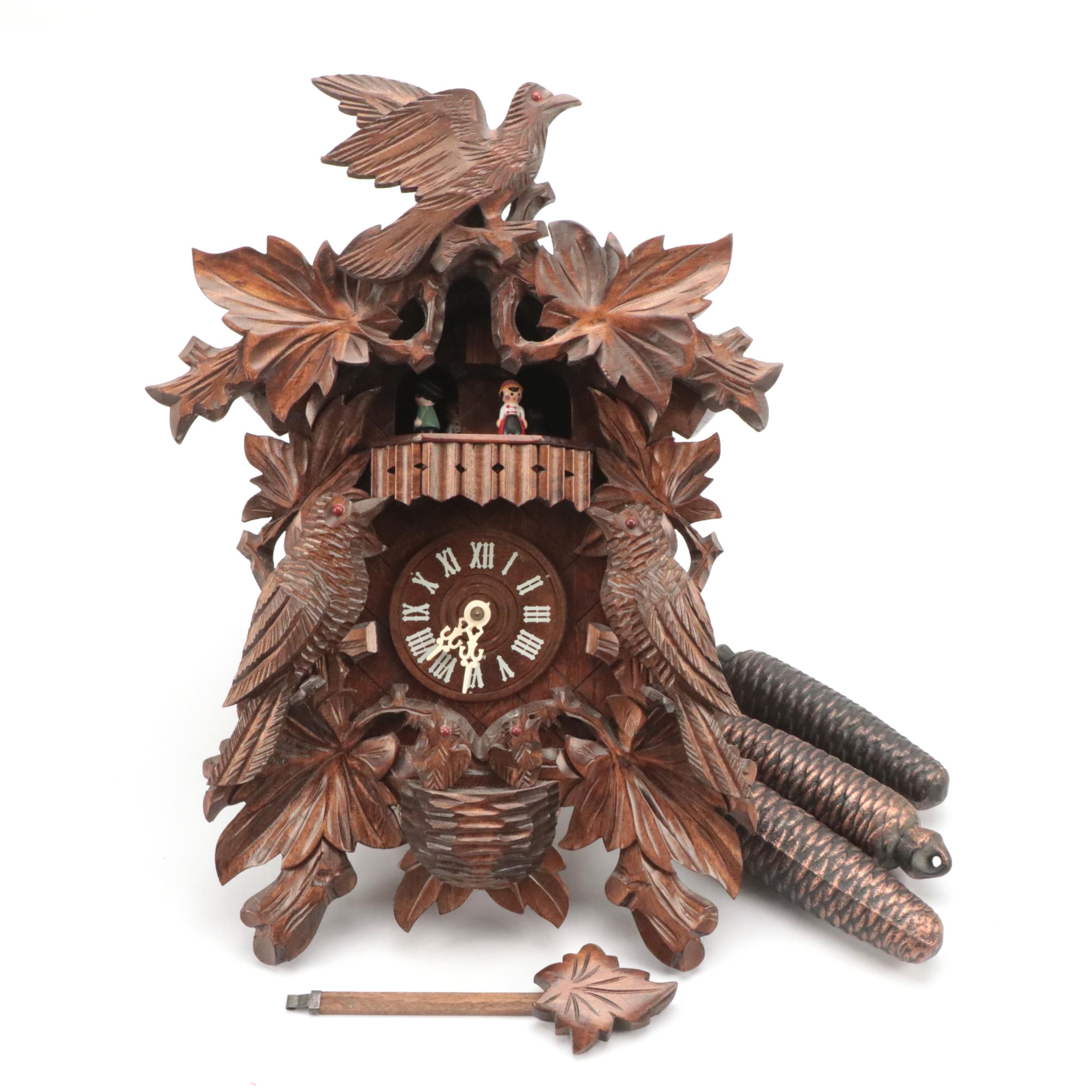 German Black Forest Style Hand-Carved Wood Cuckoo Clock