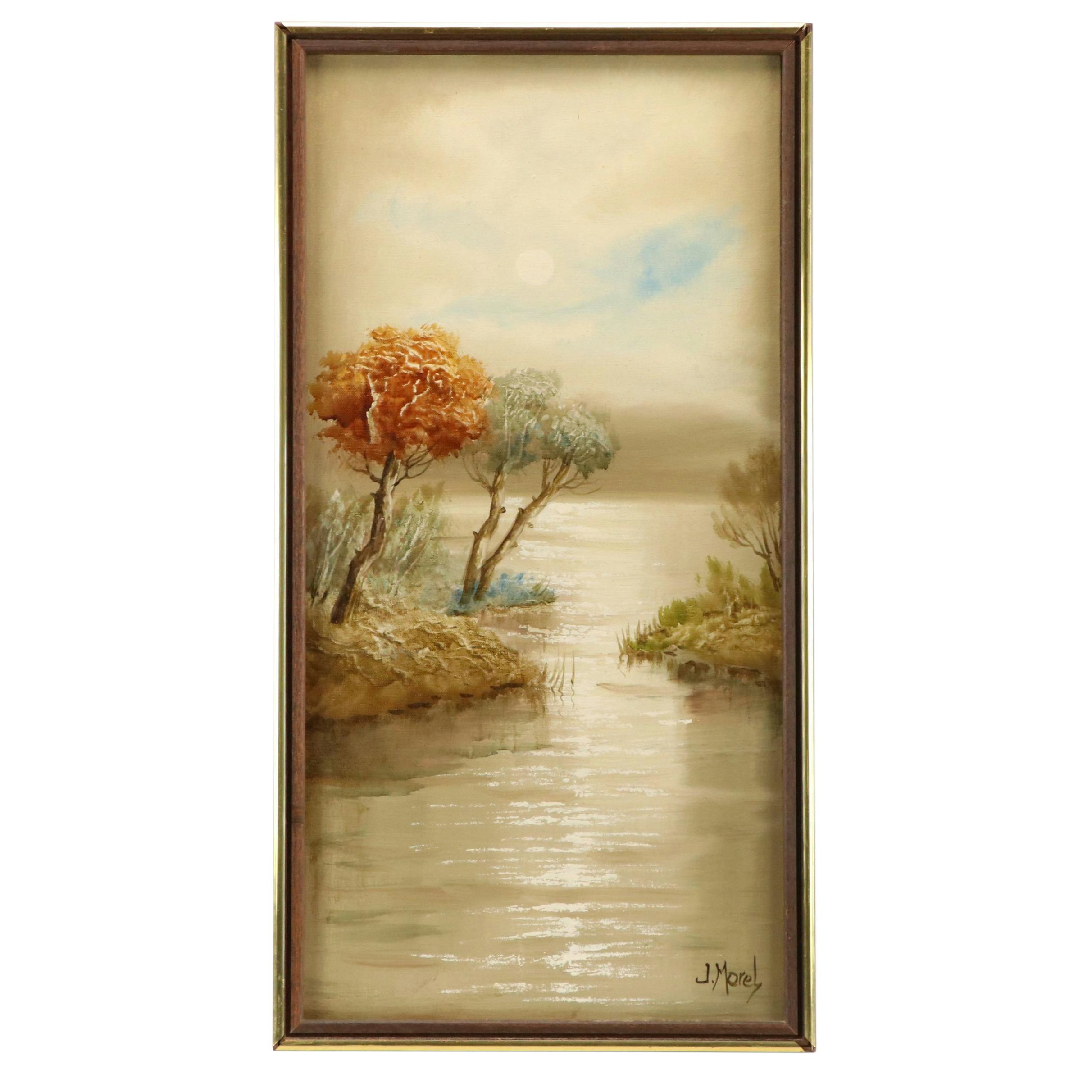 J. Morel Wooded River Landscape Oil Painting, Late 20th Century