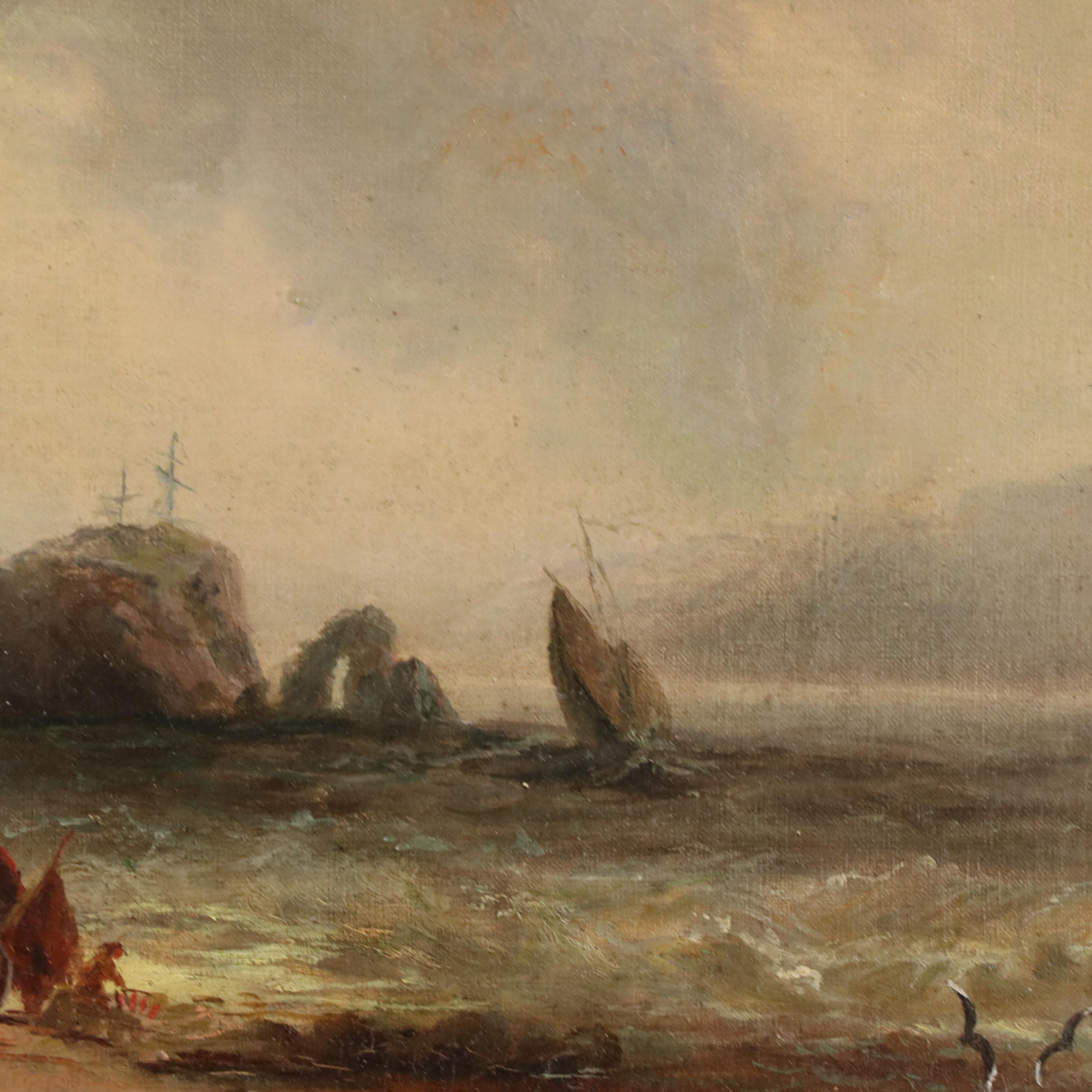 H. F. Baker Oil Painting of Ships in Beach Scene, 1872