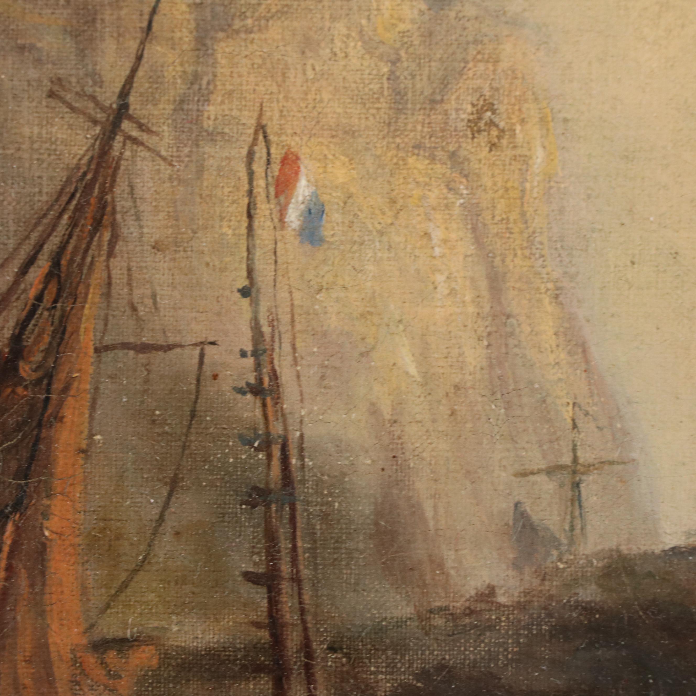 H. F. Baker Oil Painting of Ships in Beach Scene, 1872