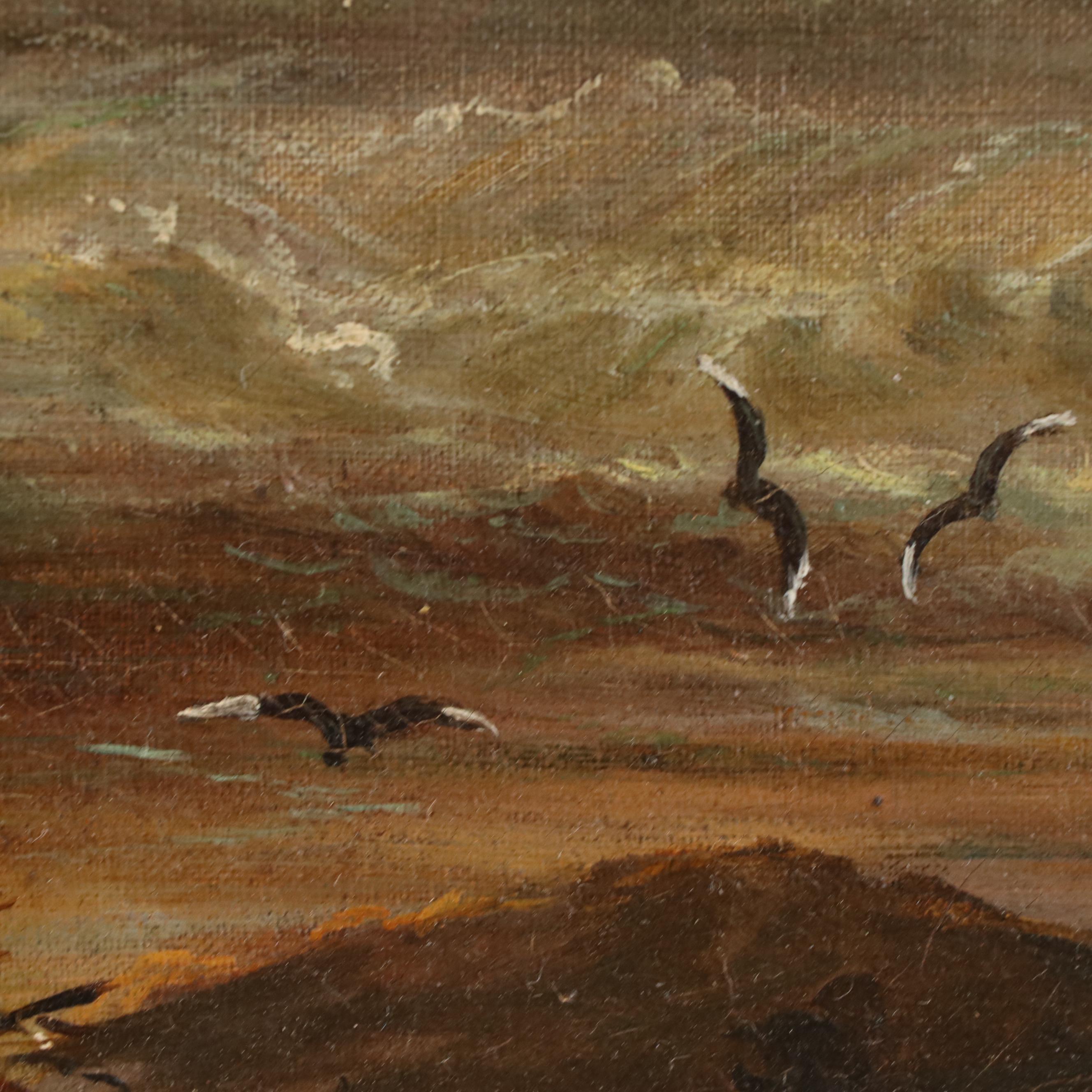 H. F. Baker Oil Painting of Ships in Beach Scene, 1872