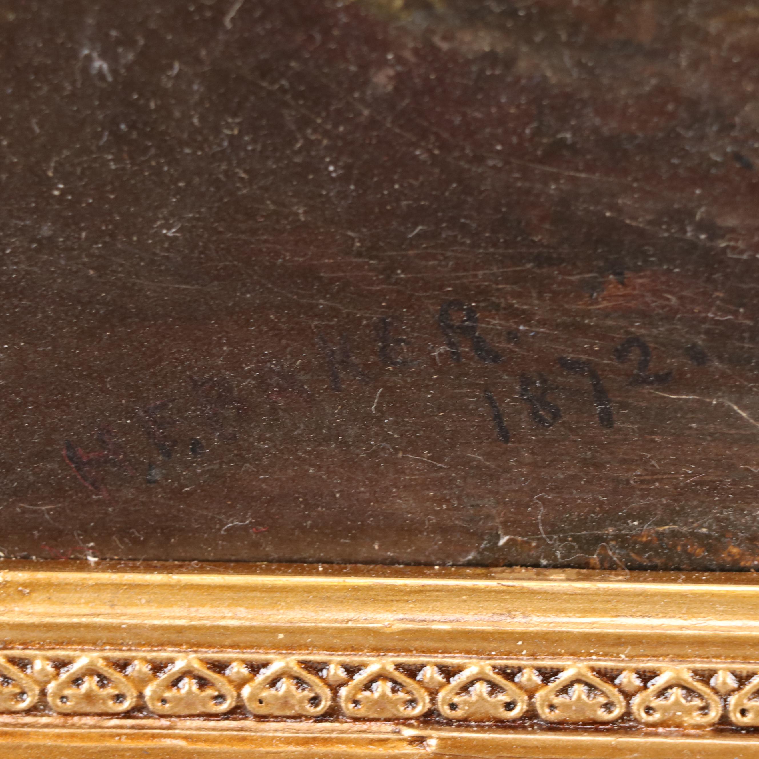 H. F. Baker Oil Painting of Ships in Beach Scene, 1872