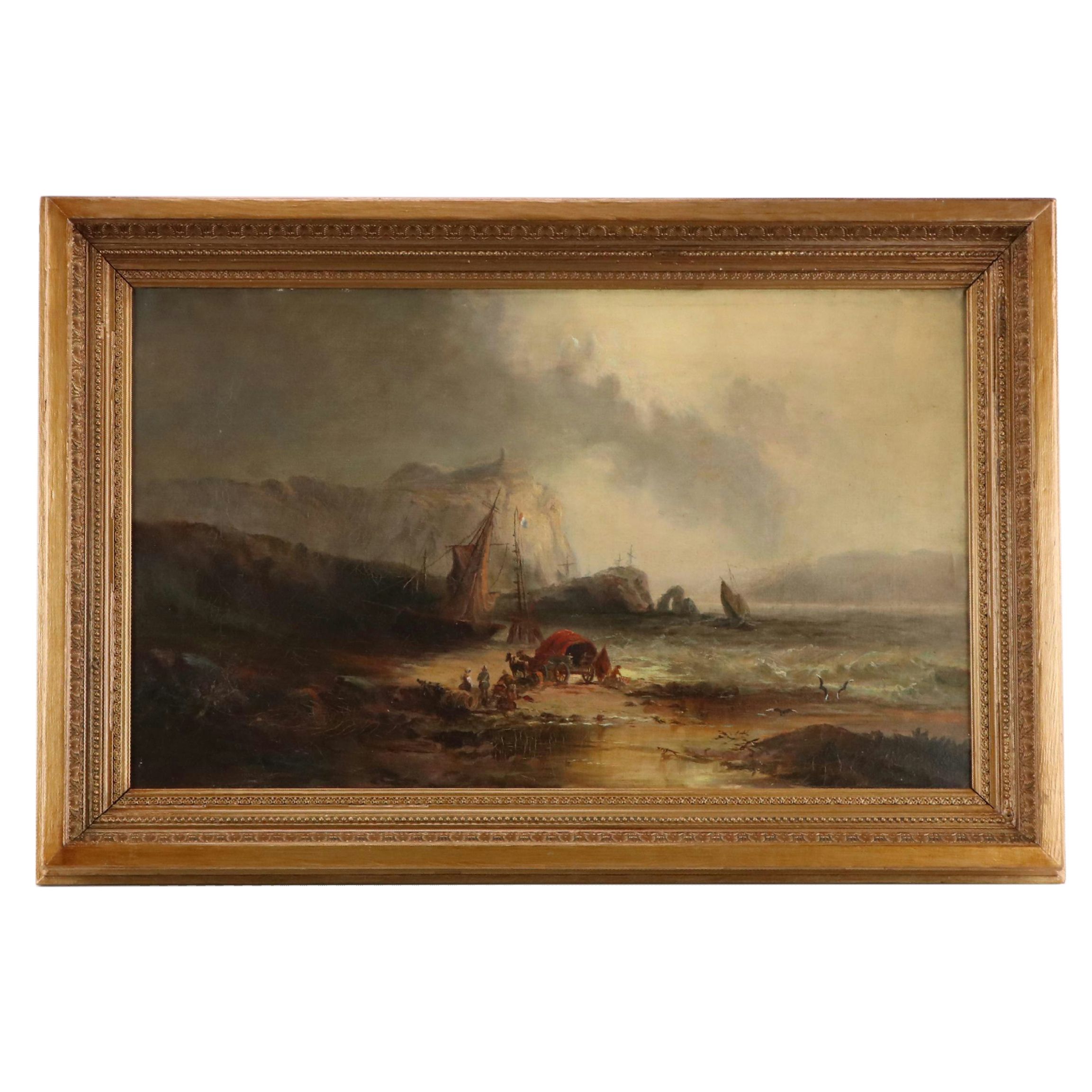 H. F. Baker Oil Painting of Ships in Beach Scene, 1872