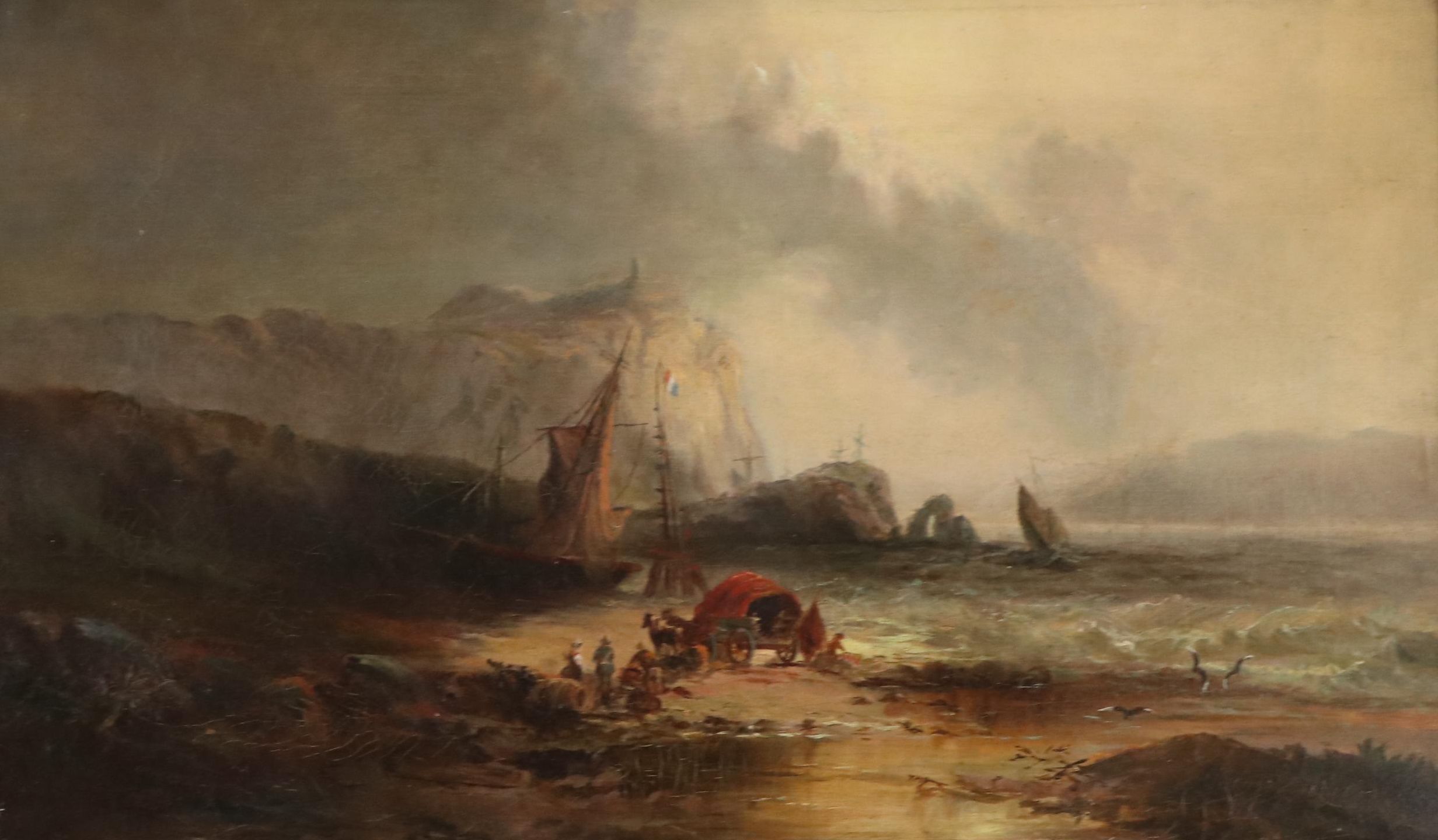 H. F. Baker Oil Painting of Ships in Beach Scene, 1872