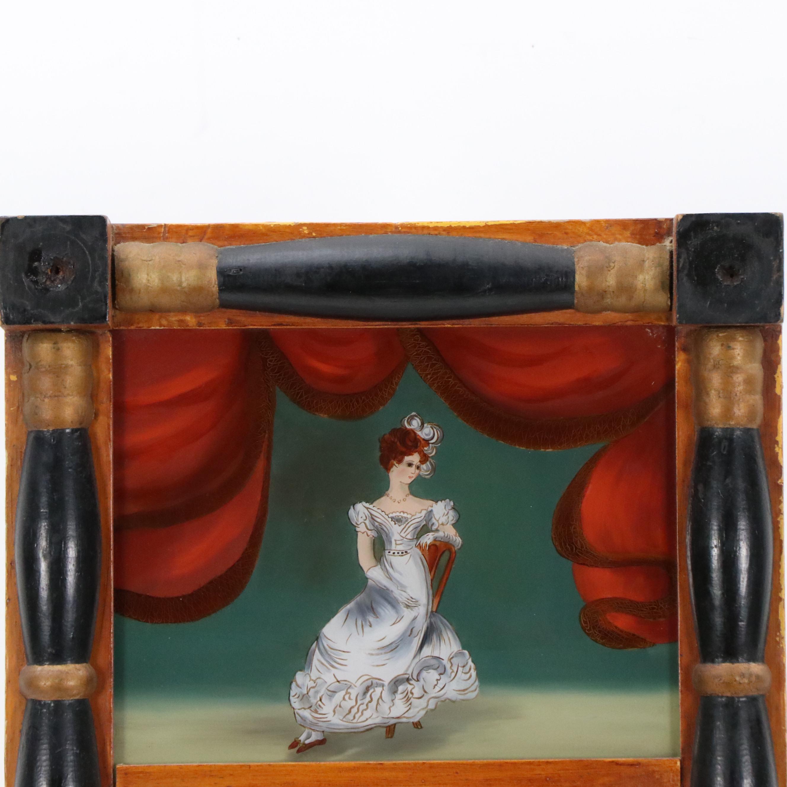 American Wooden Wall Mirror With Reverse Glass Painting