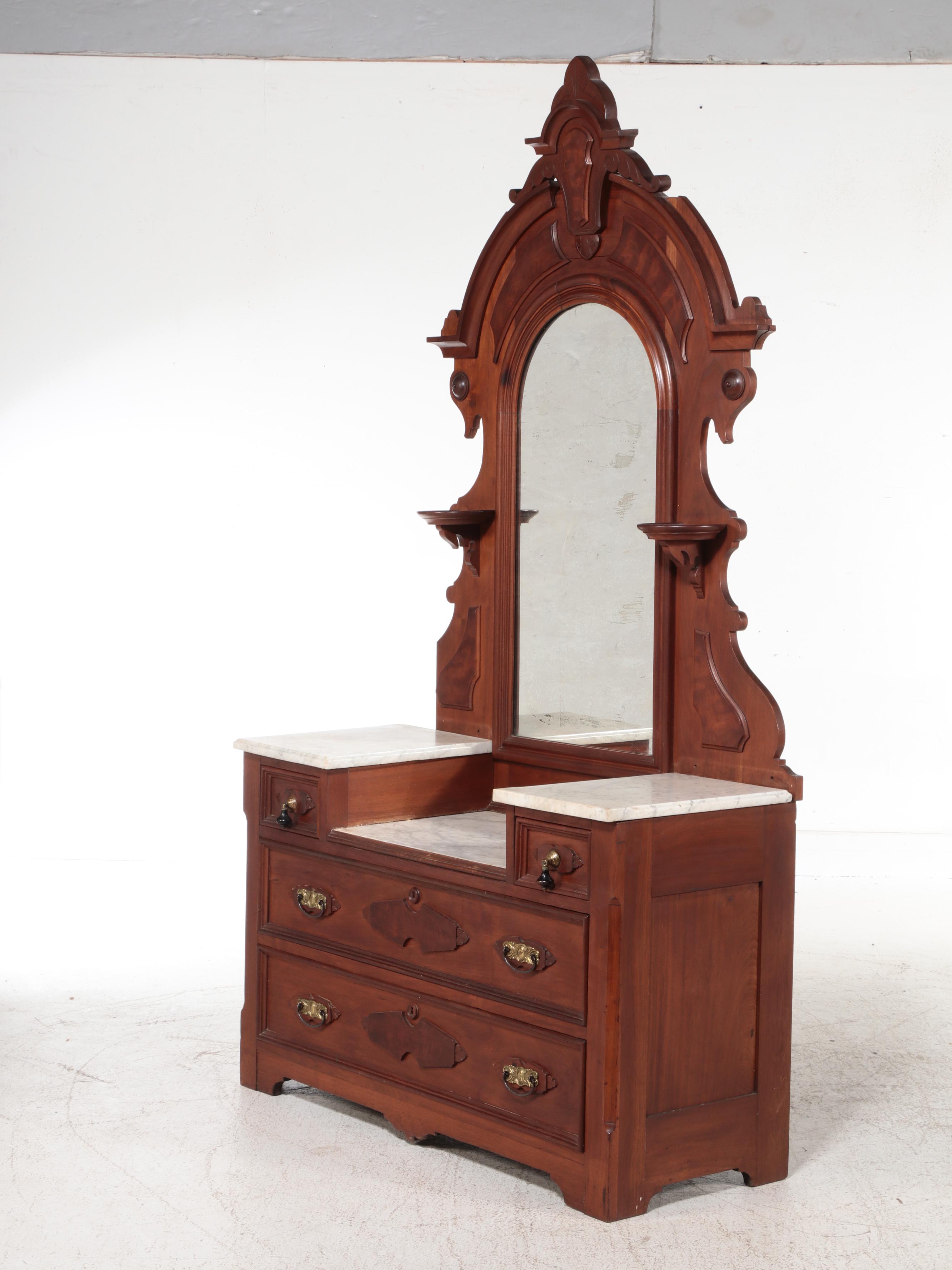 Eastlake Style Carved Walnut and Marble Dresser, 19th Century