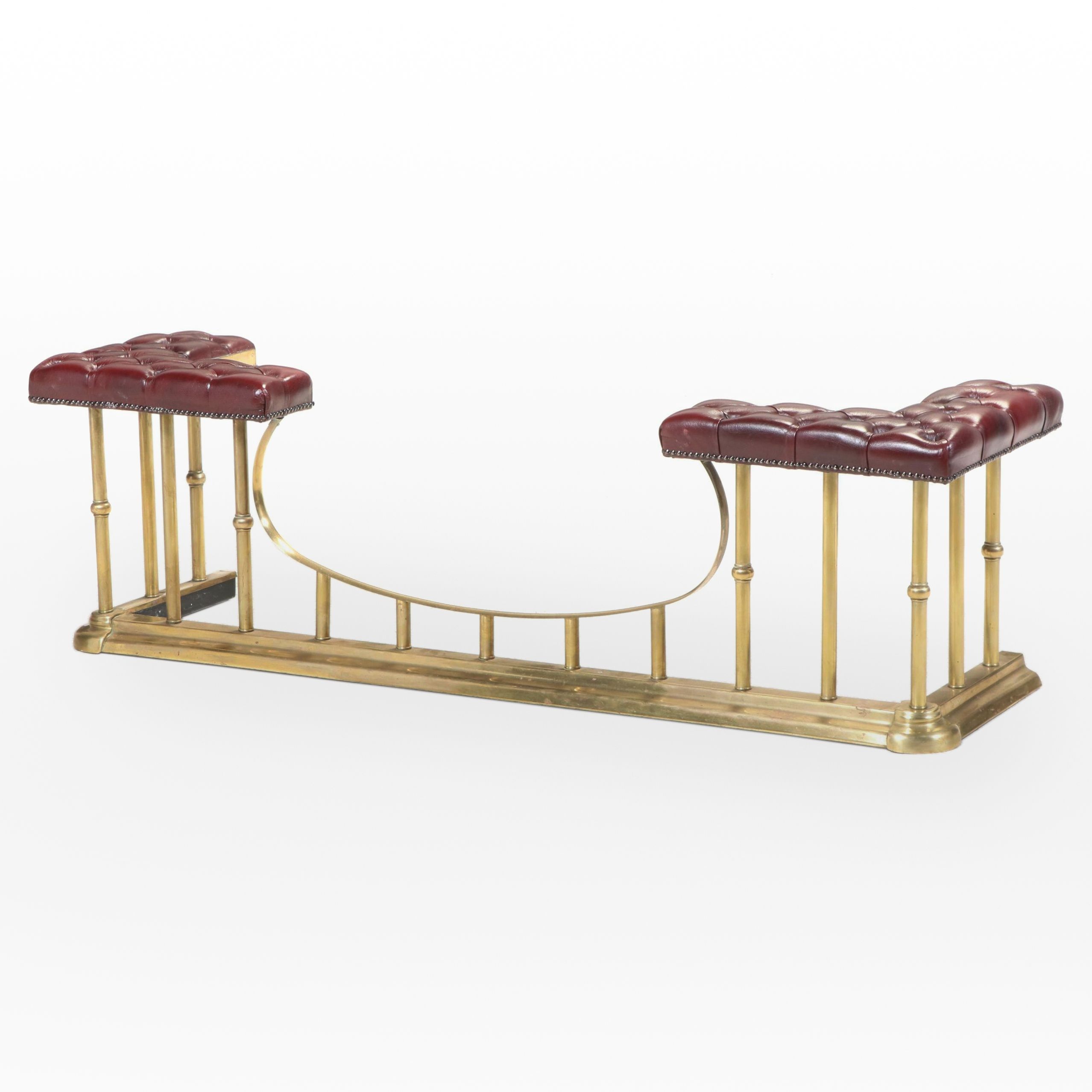 Edwardian Style Brass and Tufted Leather Club Fender, 20th Century