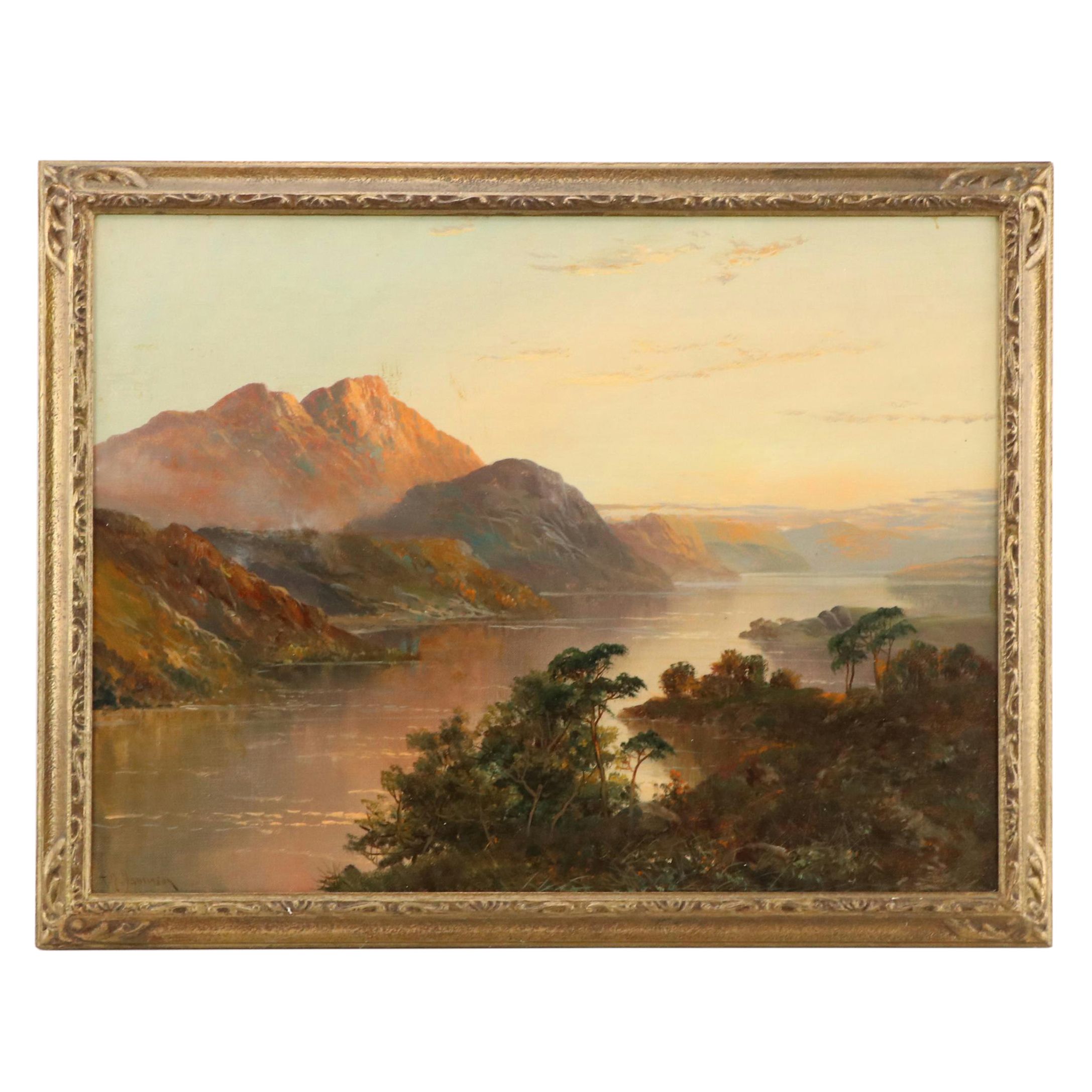 Alpine Lake Landscape Oil Painting, Late 19th Century