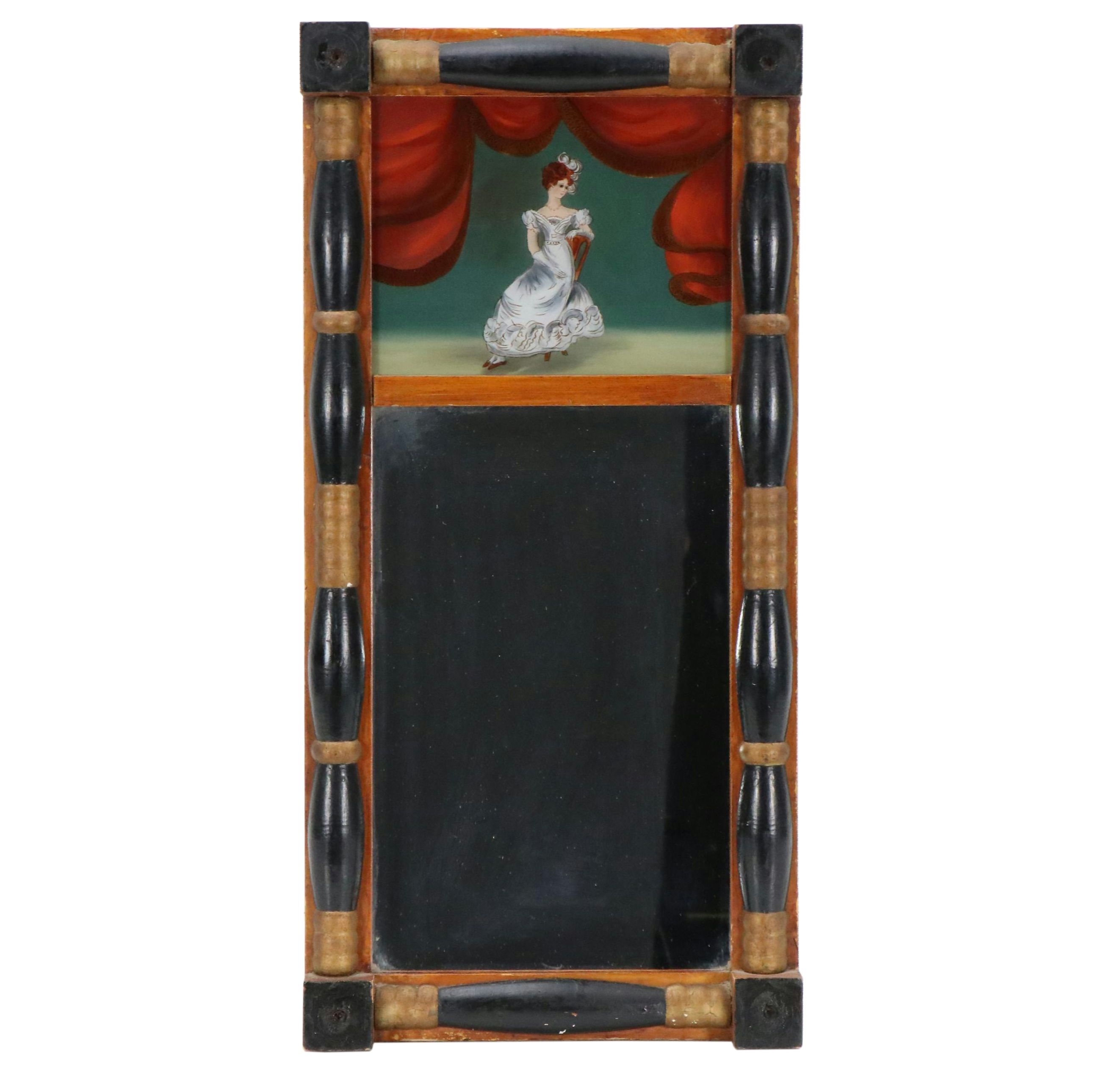 American Wooden Wall Mirror With Reverse Glass Painting