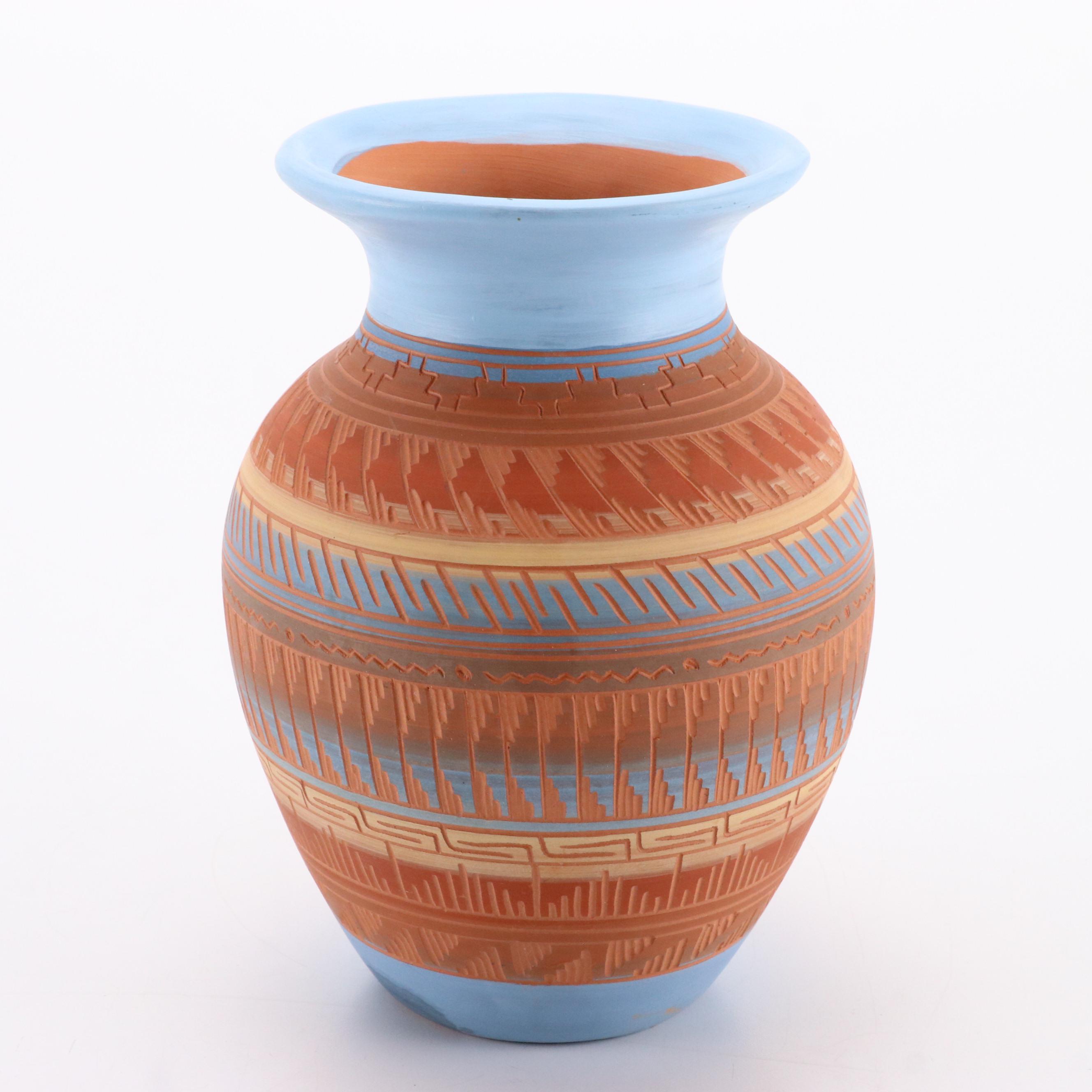 Nemadji Pottery with Nelson Navajo Sgraffito Earthenware Vase