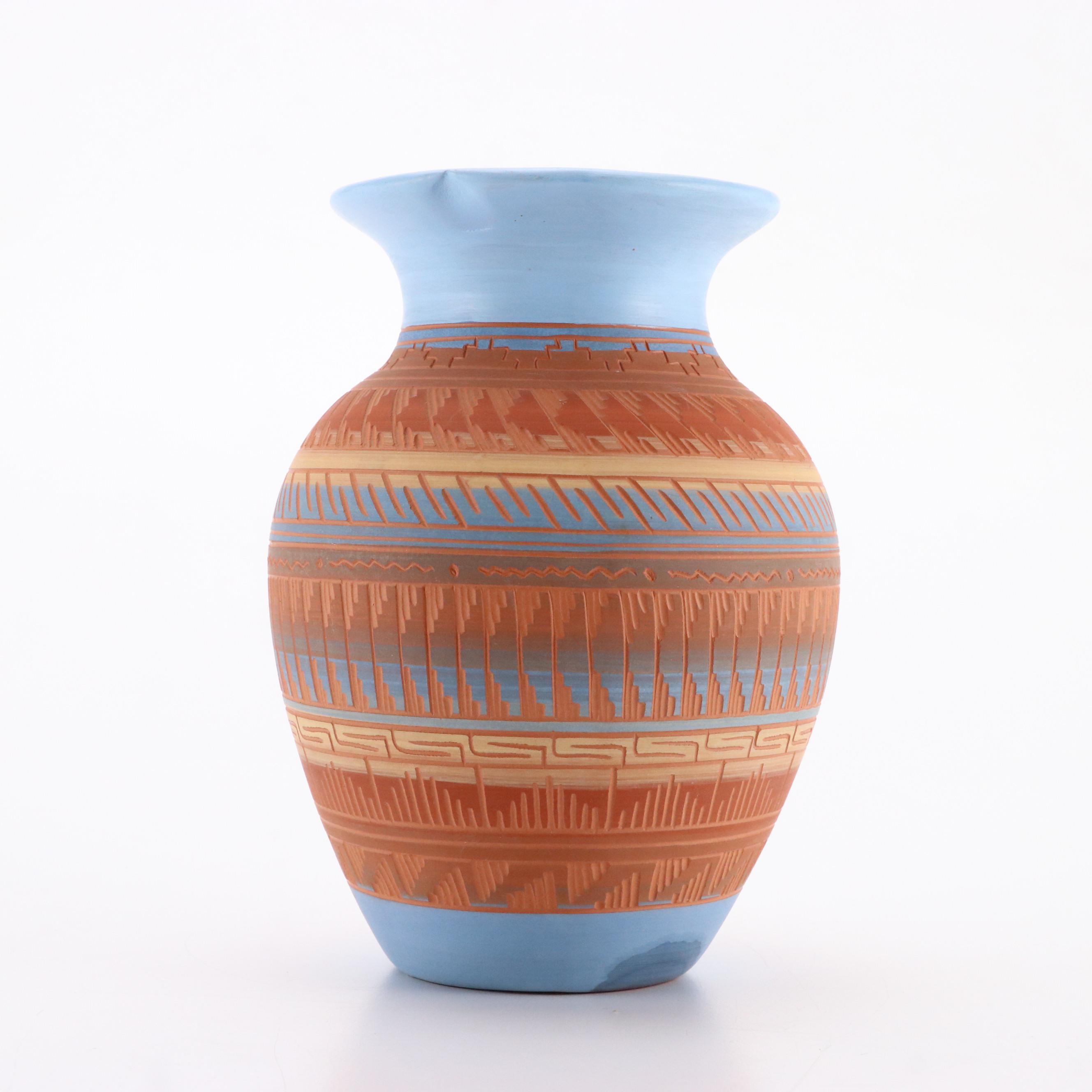 Nemadji Pottery with Nelson Navajo Sgraffito Earthenware Vase