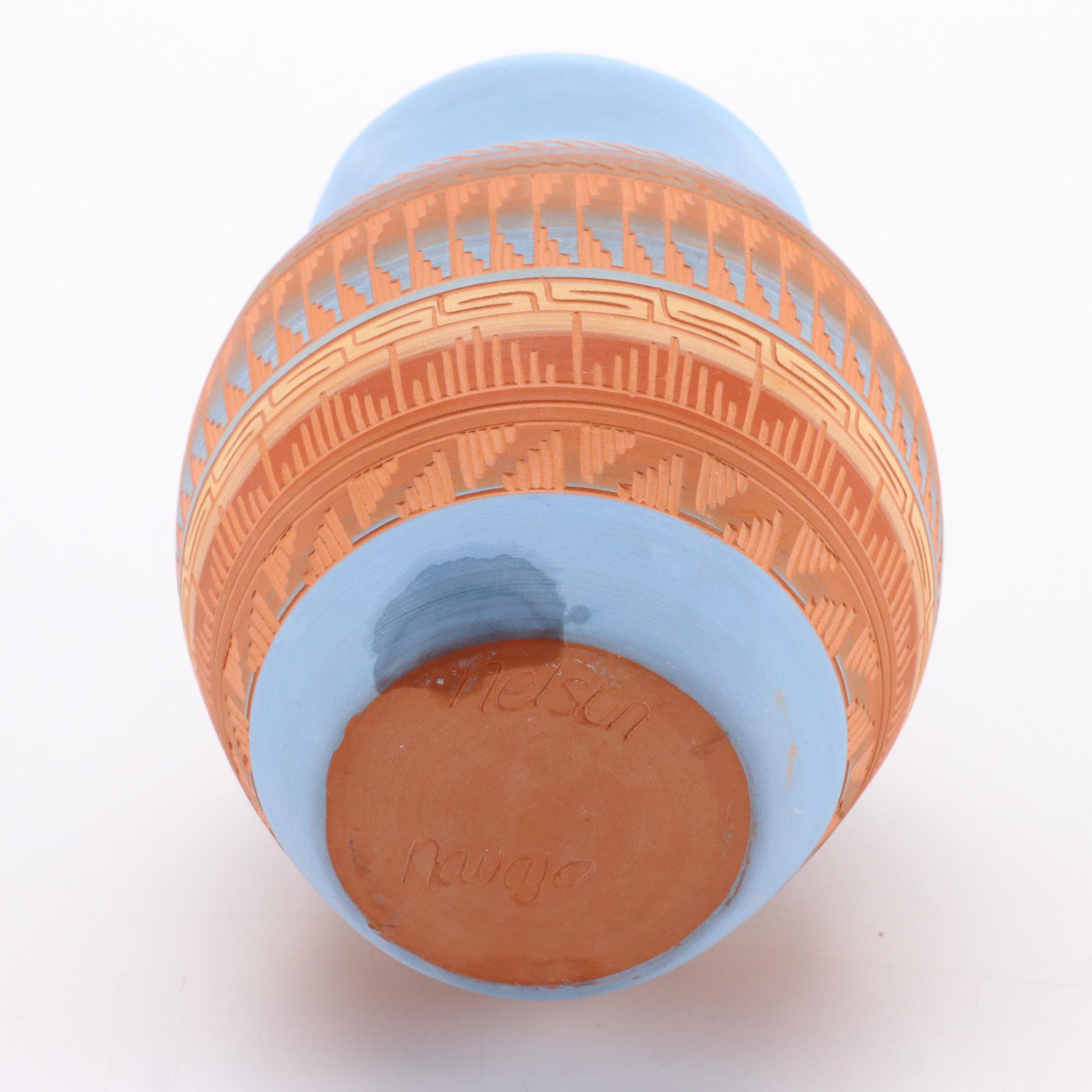 Nemadji Pottery with Nelson Navajo Sgraffito Earthenware Vase