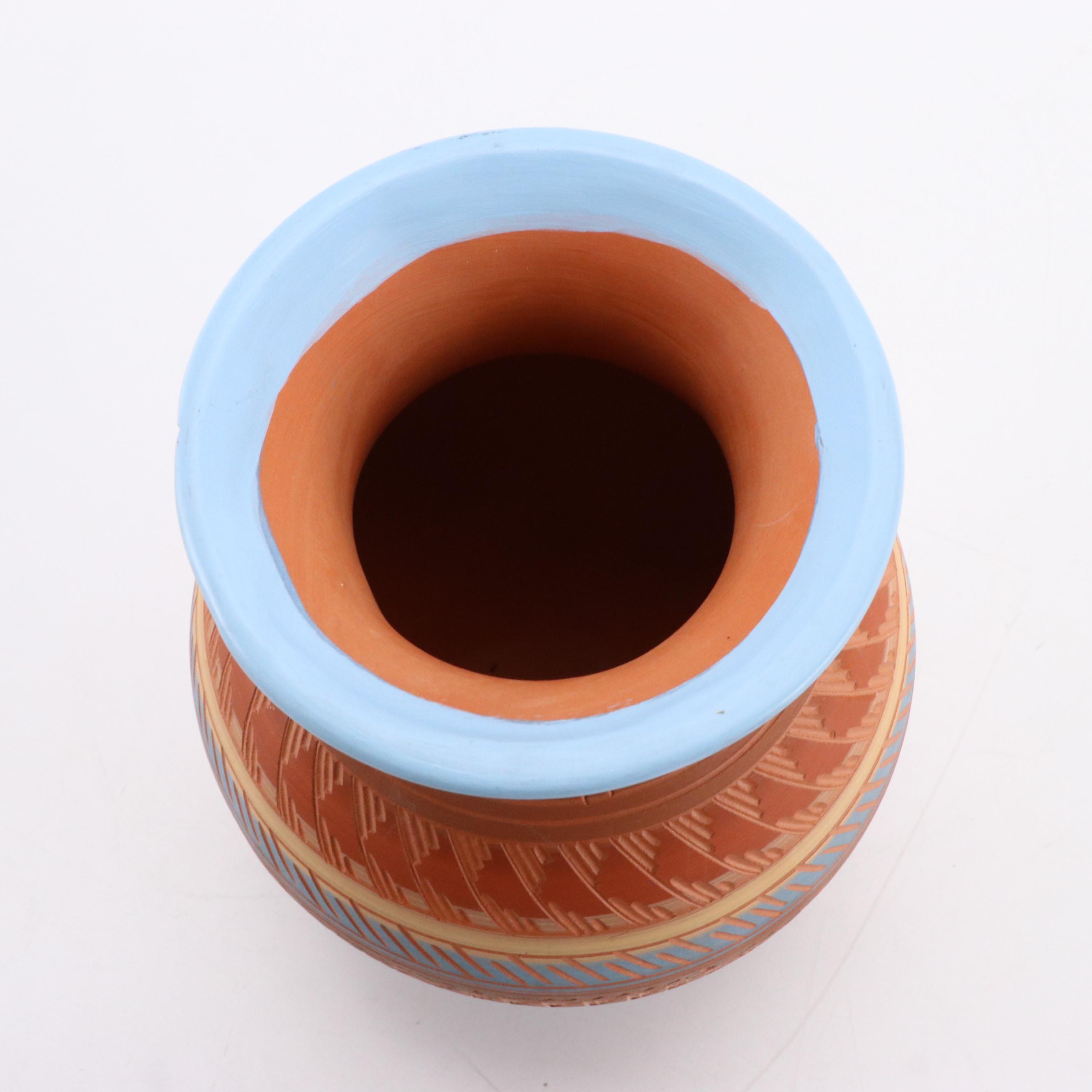 Nemadji Pottery with Nelson Navajo Sgraffito Earthenware Vase