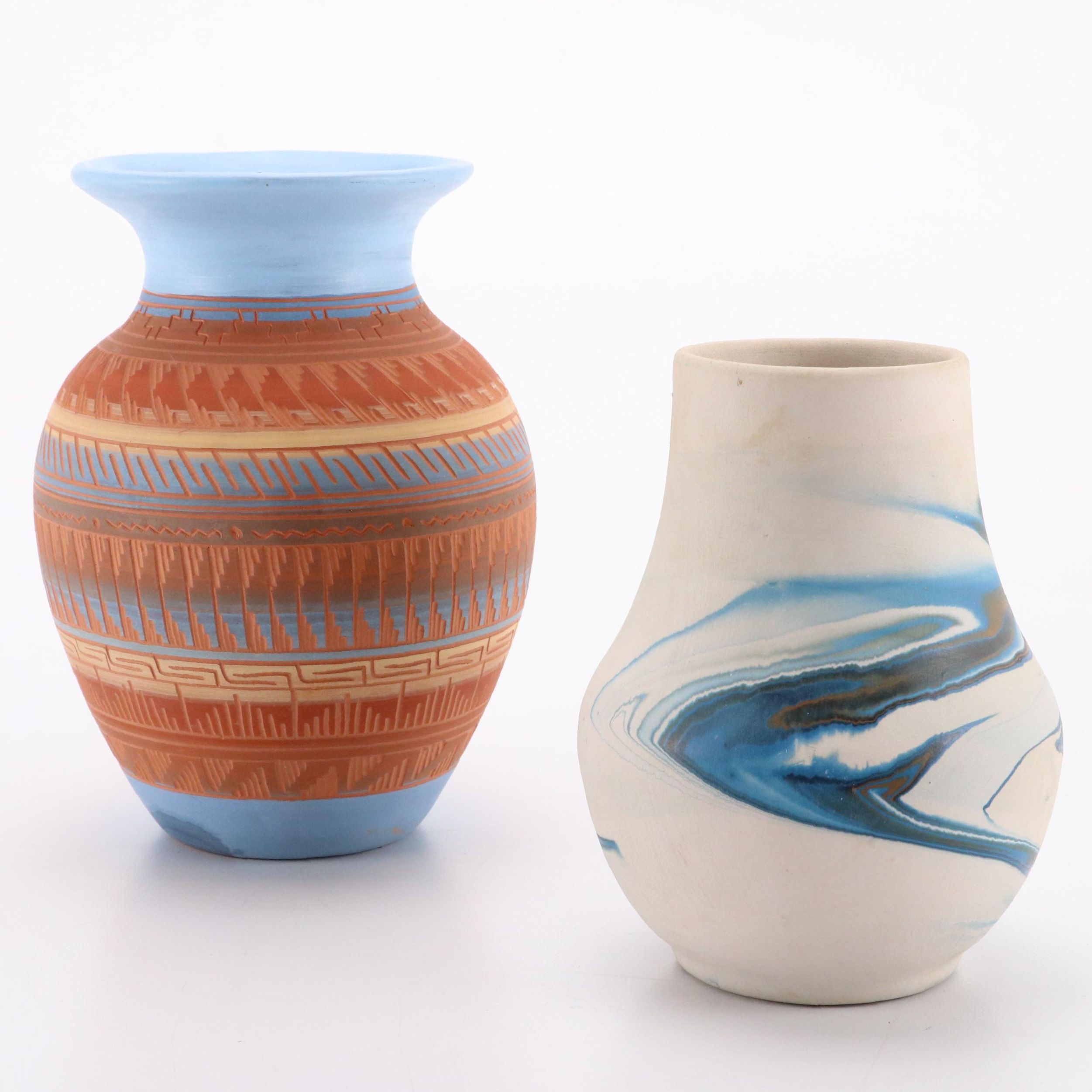Nemadji Pottery with Nelson Navajo Sgraffito Earthenware Vase