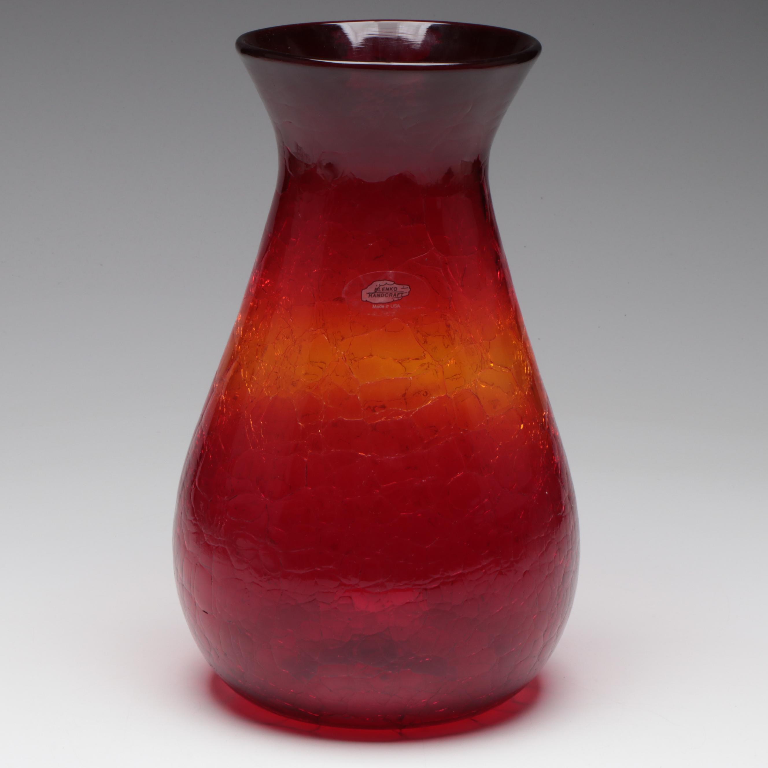 Signed Blenko Crackle Glass Red Orange Ombré Vase, Vintage