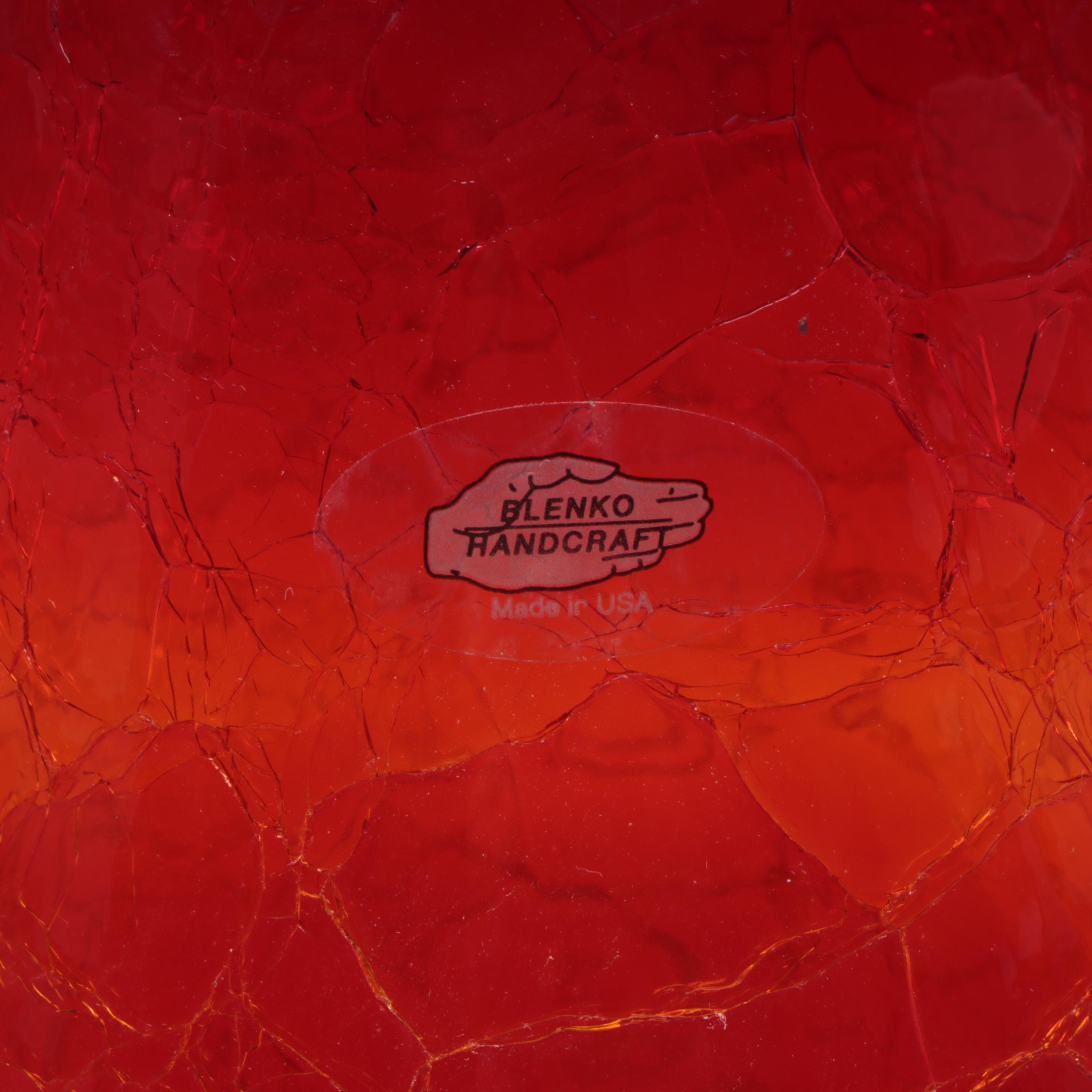 Signed Blenko Crackle Glass Red Orange Ombré Vase, Vintage