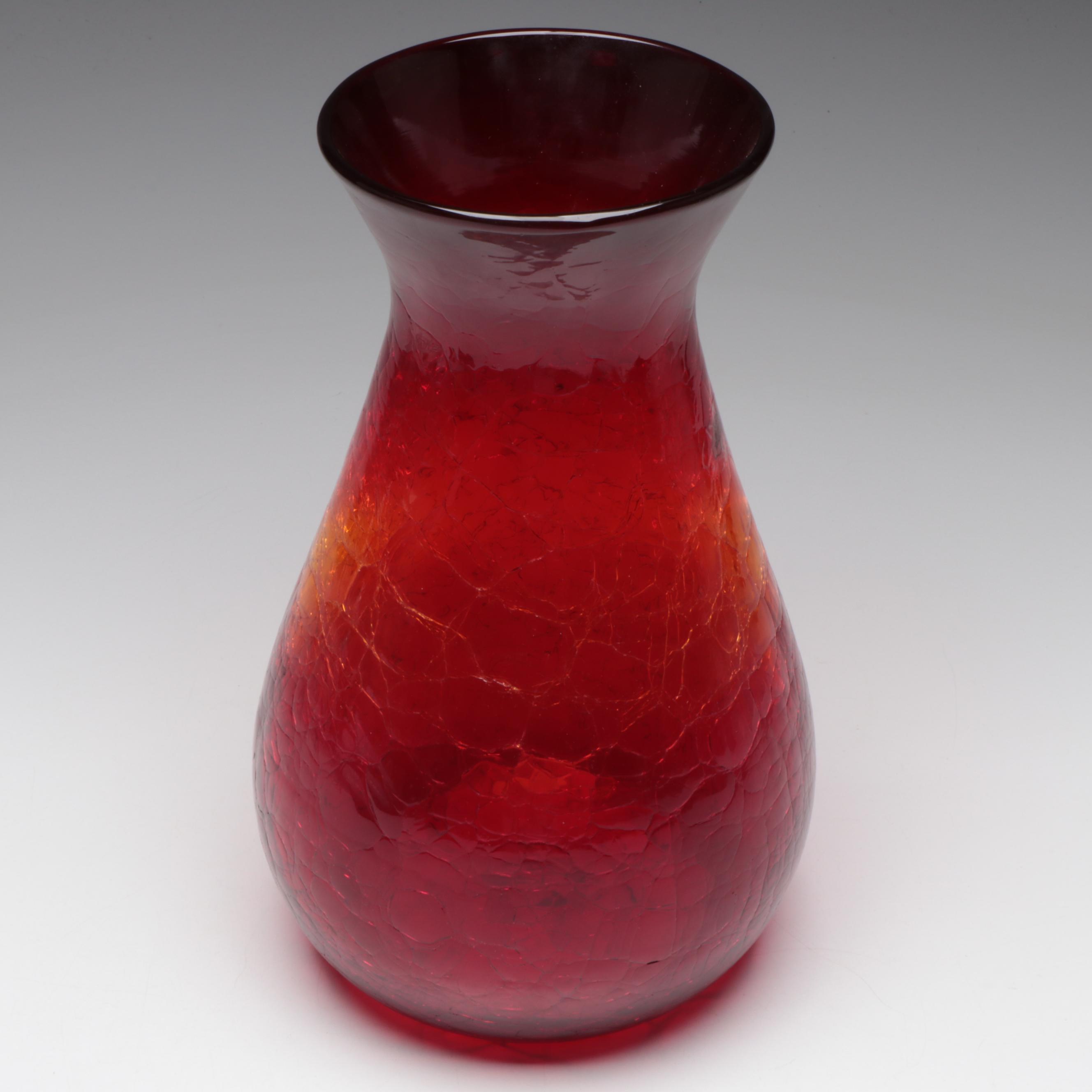 Signed Blenko Crackle Glass Red Orange Ombré Vase, Vintage