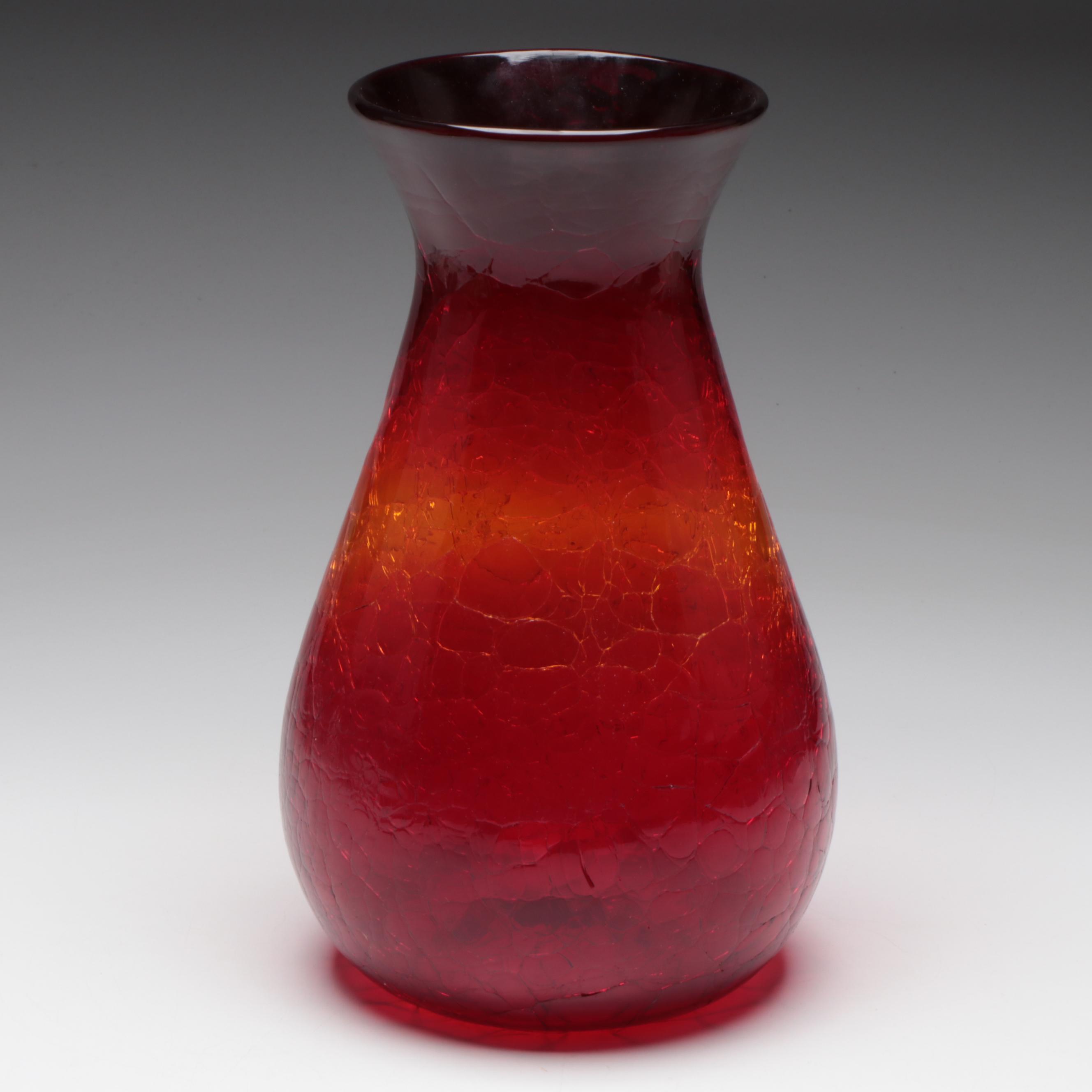 Signed Blenko Crackle Glass Red Orange Ombré Vase, Vintage