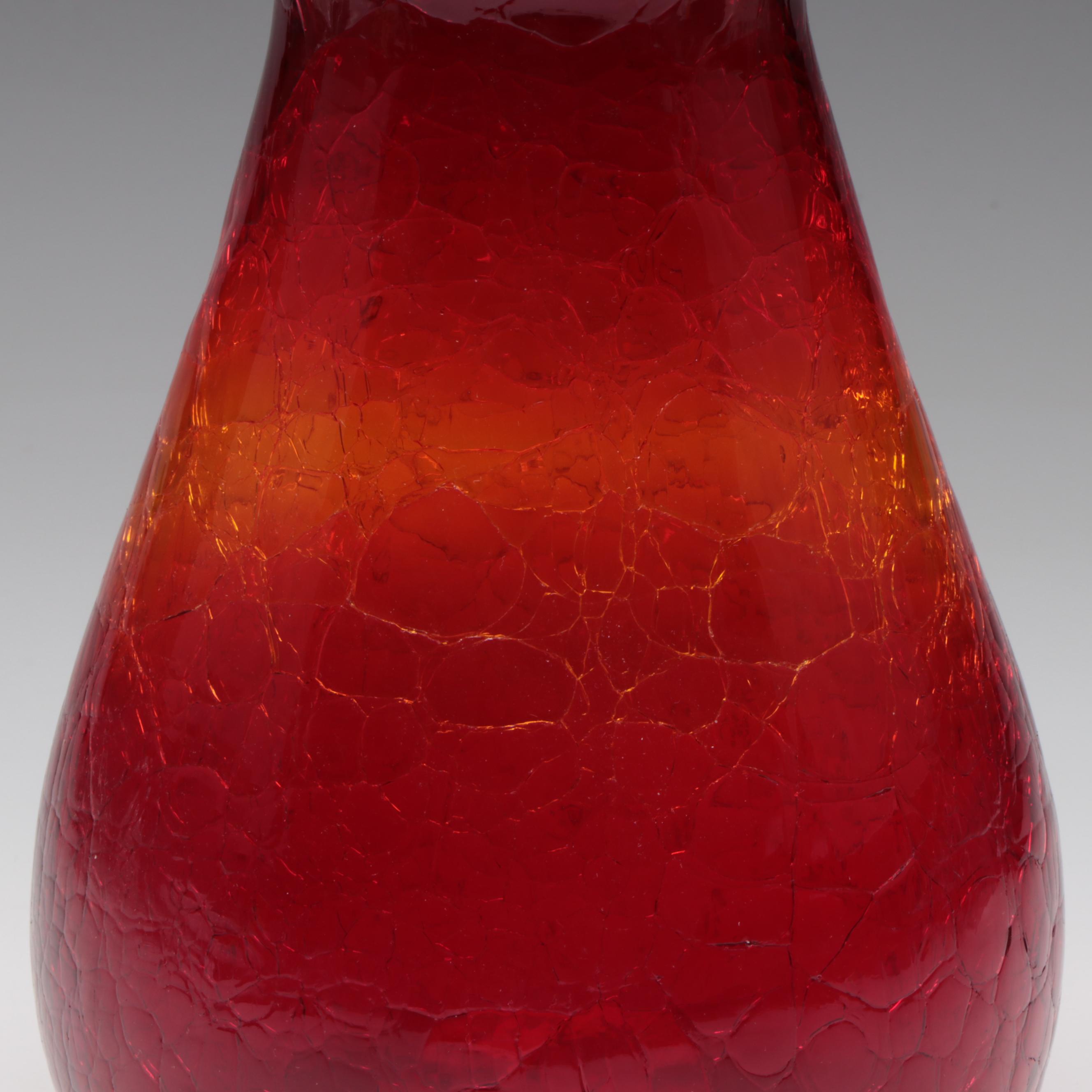 Signed Blenko Crackle Glass Red Orange Ombré Vase, Vintage