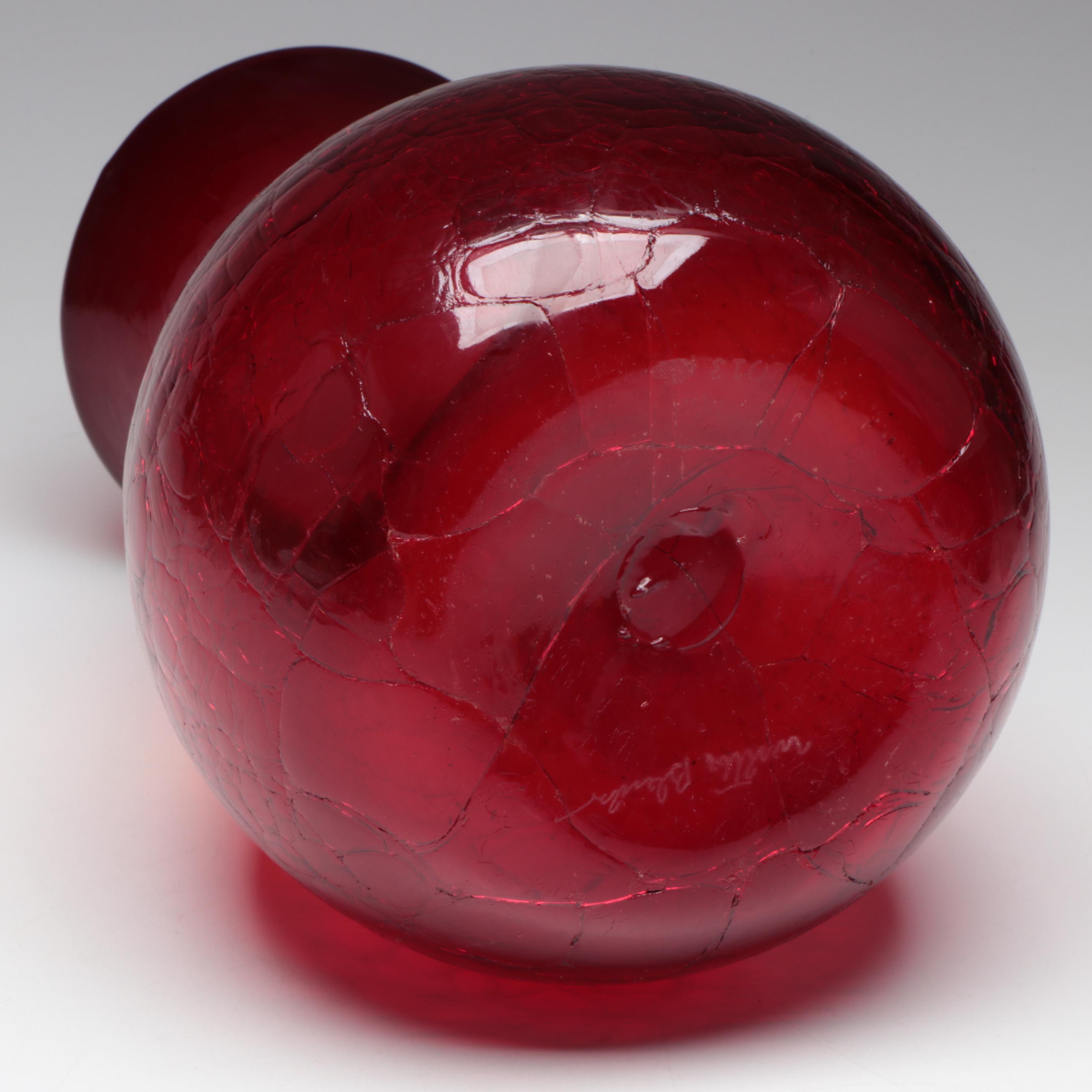Signed Blenko Crackle Glass Red Orange Ombré Vase, Vintage