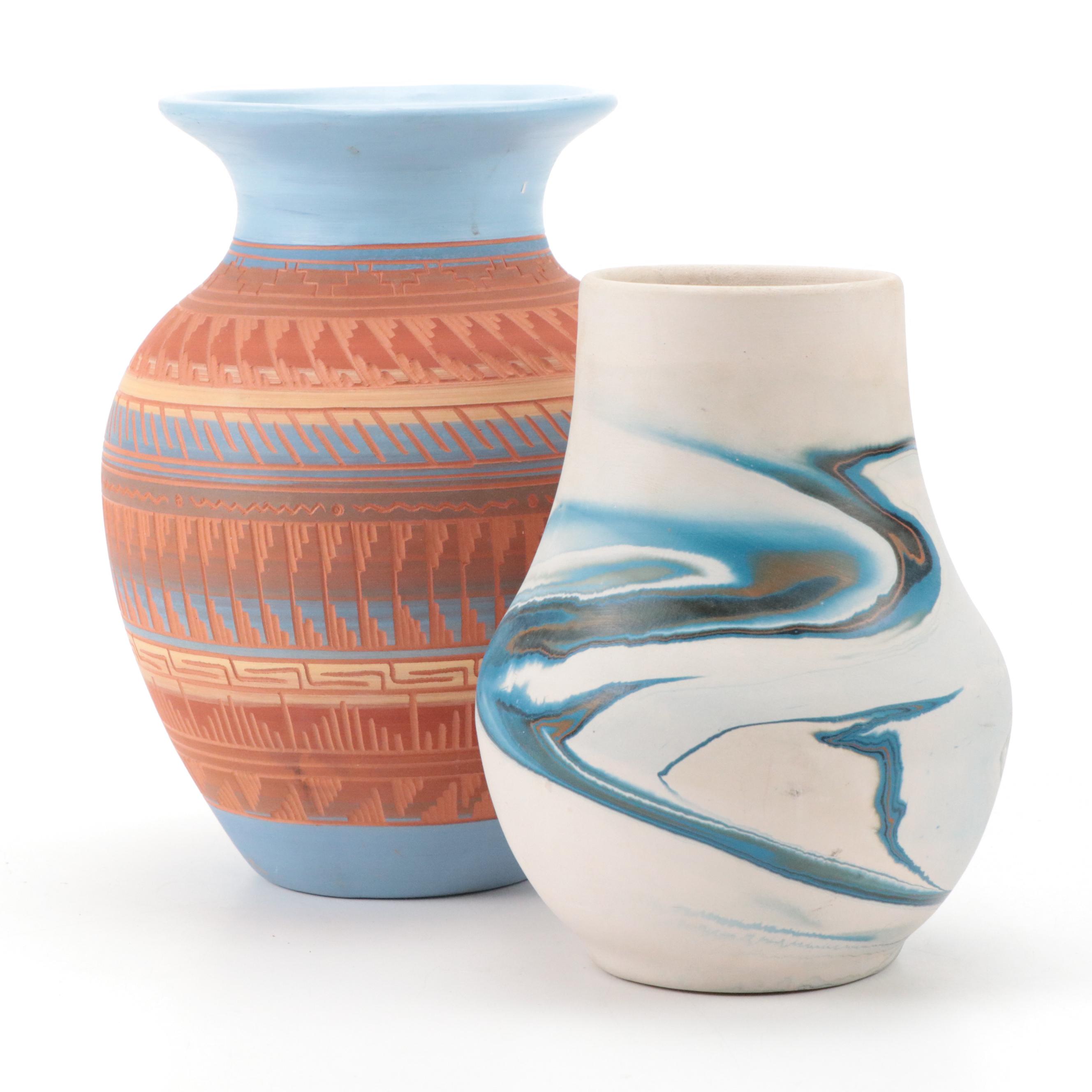 Nemadji Pottery with Nelson Navajo Sgraffito Earthenware Vase