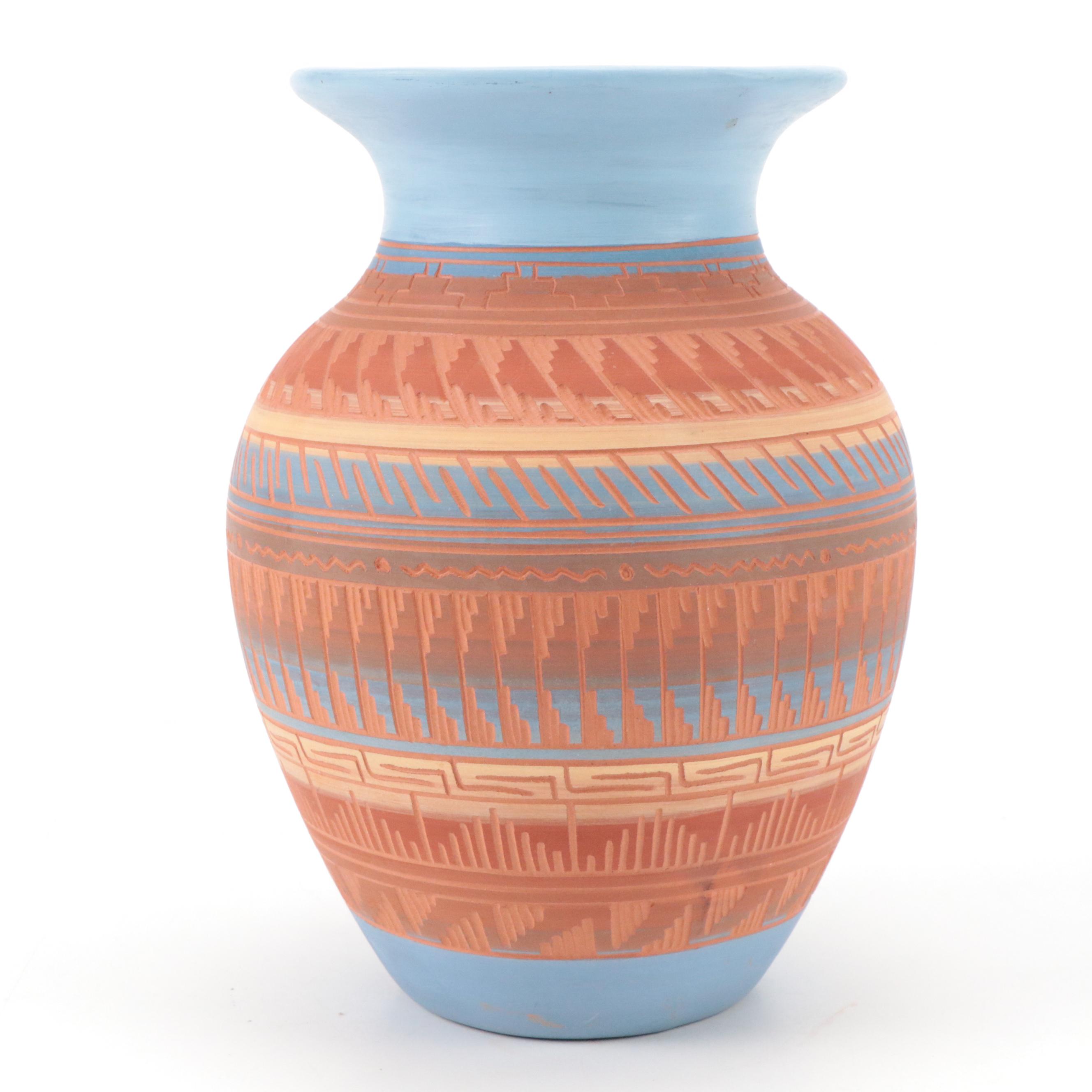 Nemadji Pottery with Nelson Navajo Sgraffito Earthenware Vase