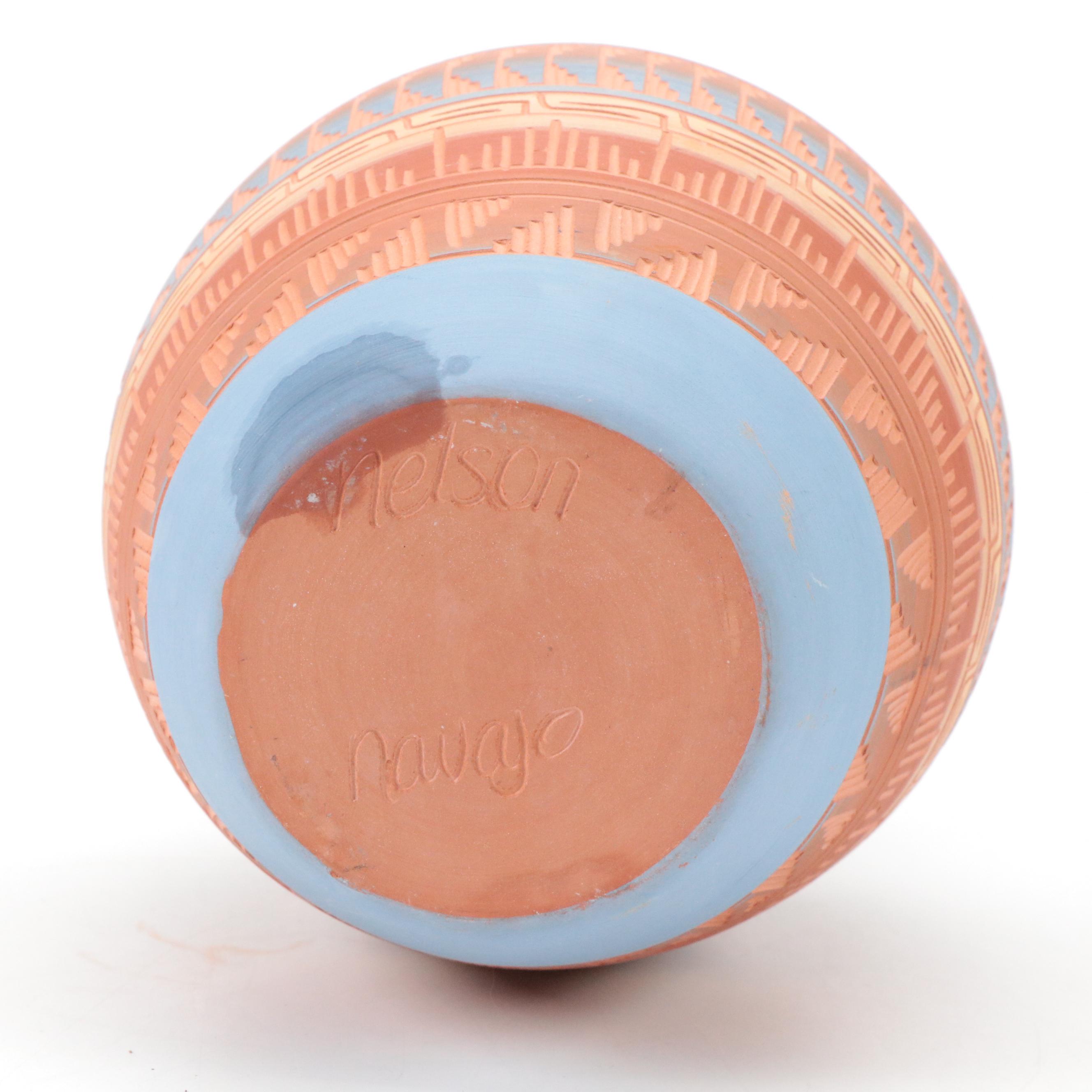 Nemadji Pottery with Nelson Navajo Sgraffito Earthenware Vase