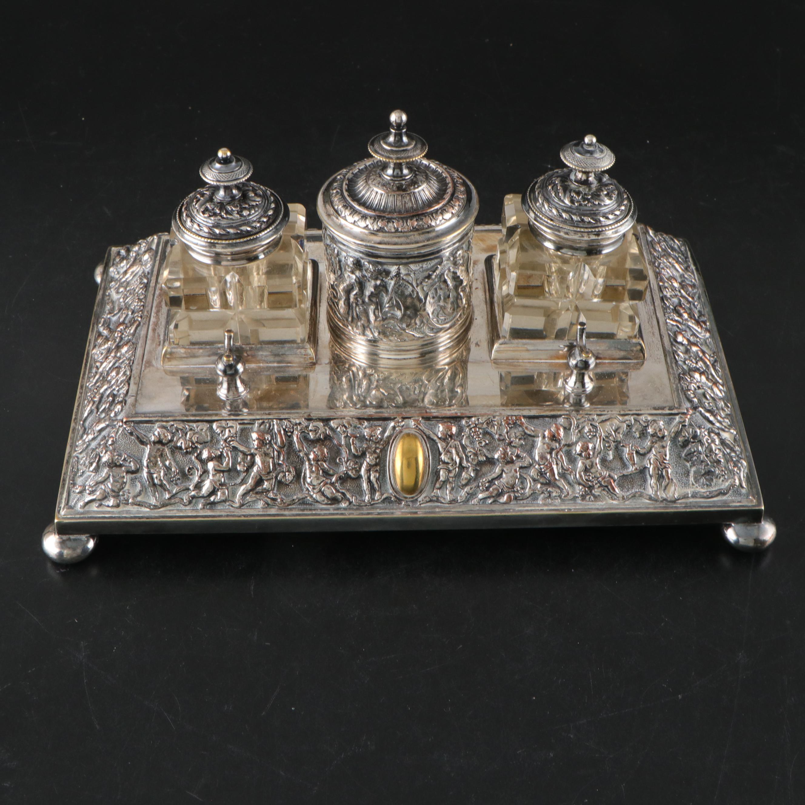 Rococo Style Repoussé Silver Plate and Cut Glass Double Inkwell Standish