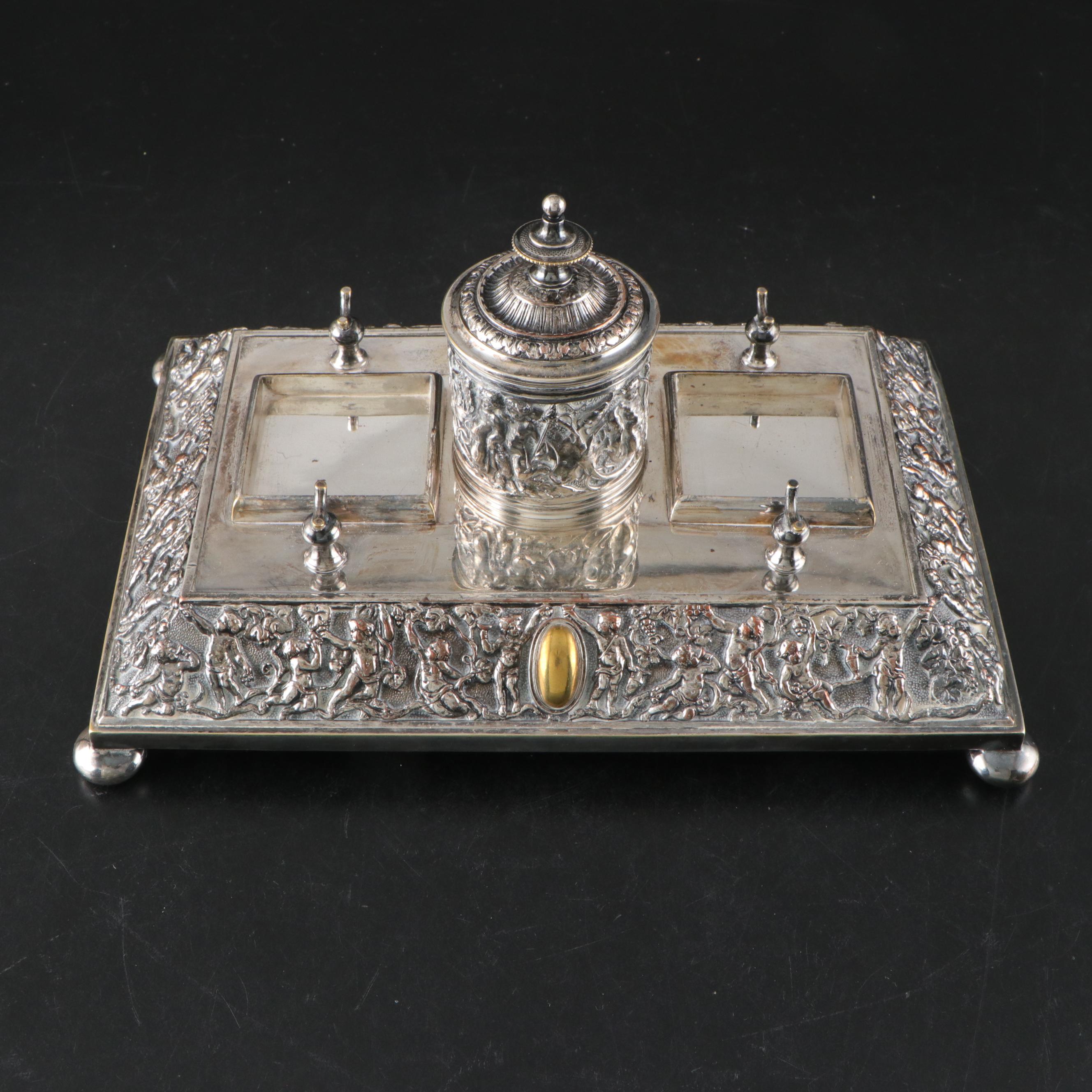 Rococo Style Repoussé Silver Plate and Cut Glass Double Inkwell Standish