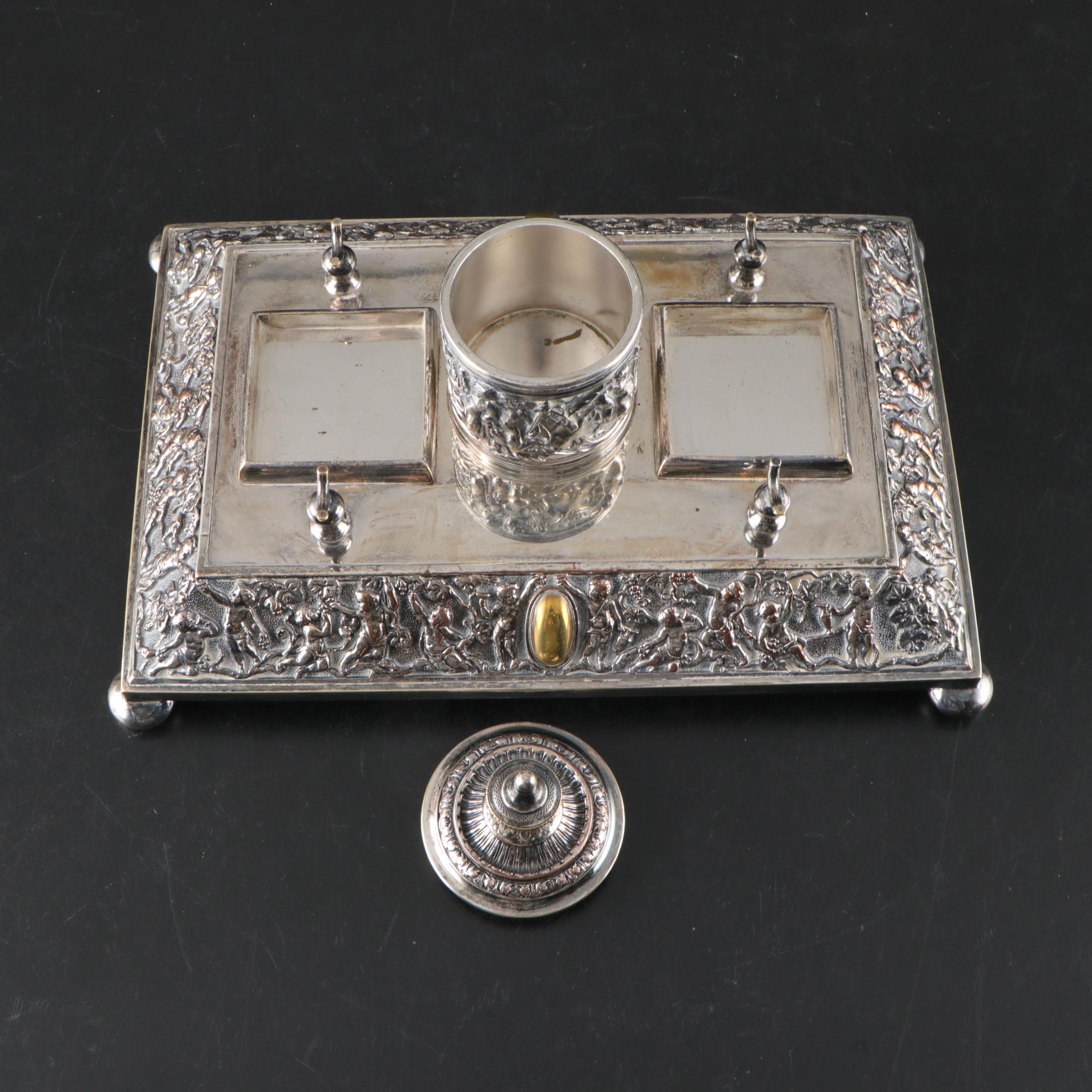 Rococo Style Repoussé Silver Plate and Cut Glass Double Inkwell Standish
