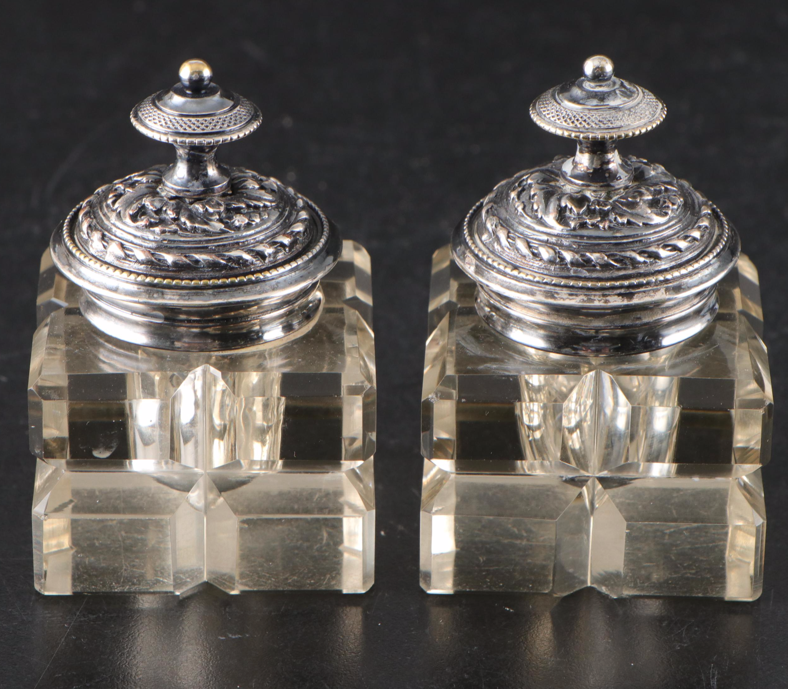 Rococo Style Repoussé Silver Plate and Cut Glass Double Inkwell Standish
