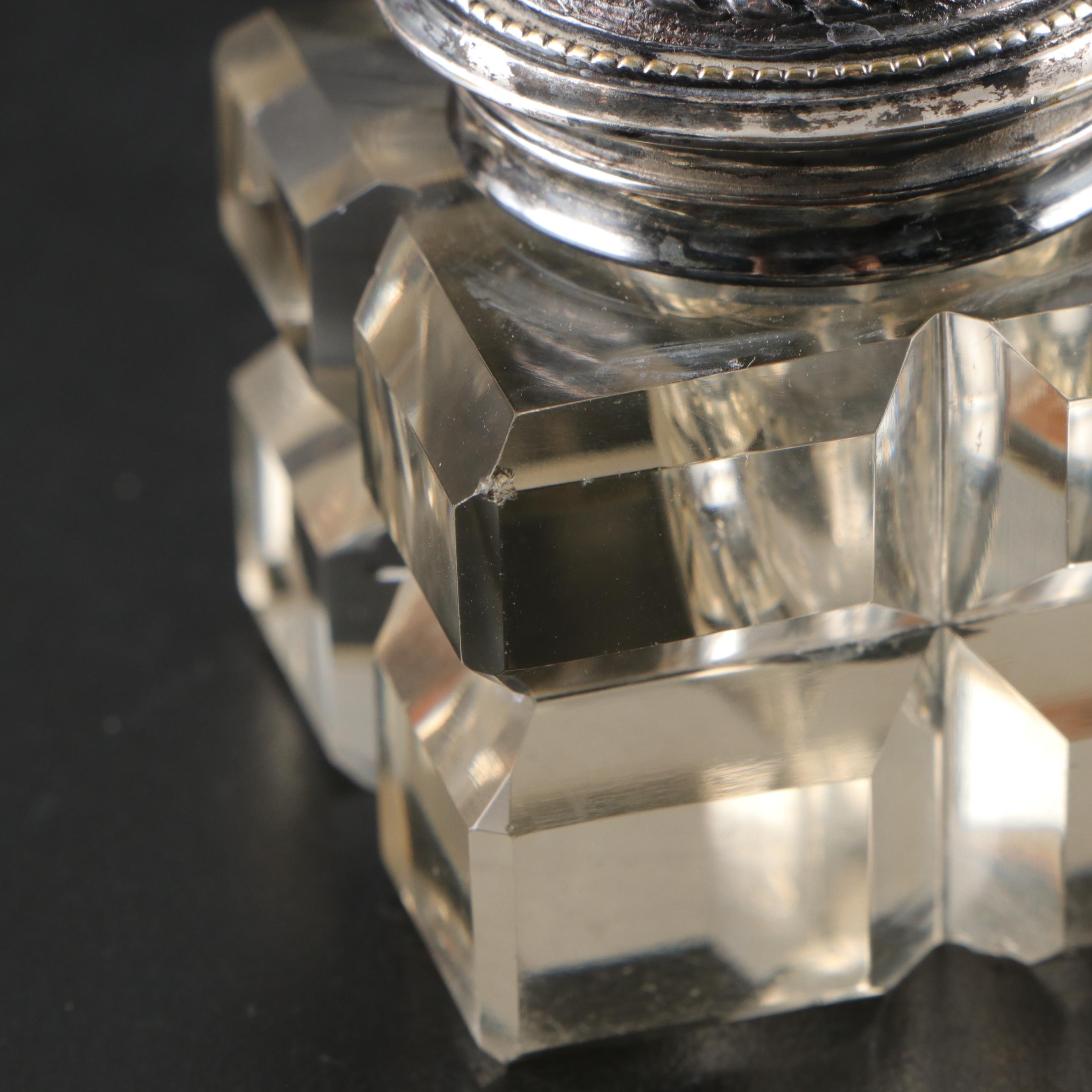 Rococo Style Repoussé Silver Plate and Cut Glass Double Inkwell Standish